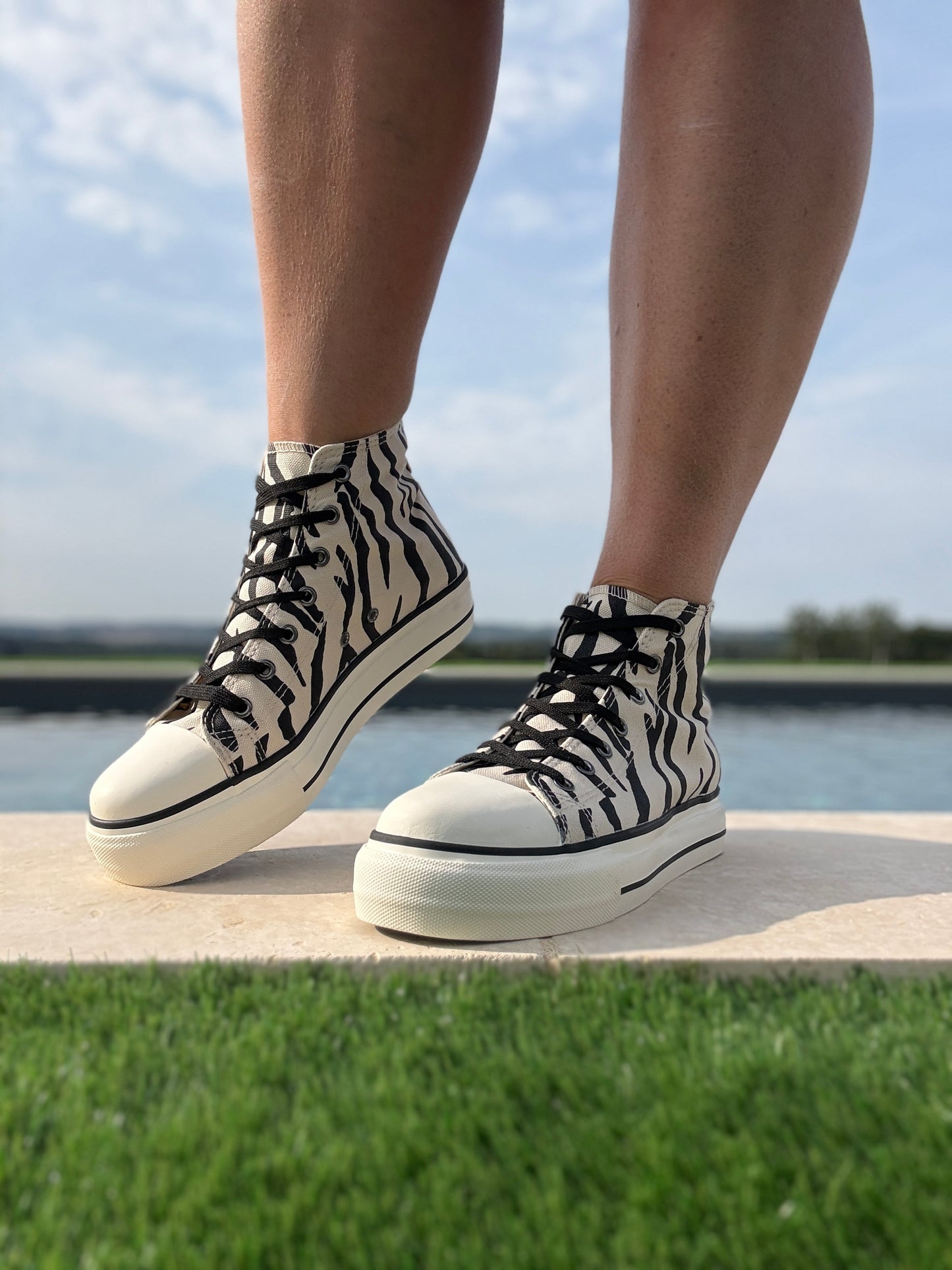 Chaussures baskets hautes en toile motif zèbre noir et blanc style converse