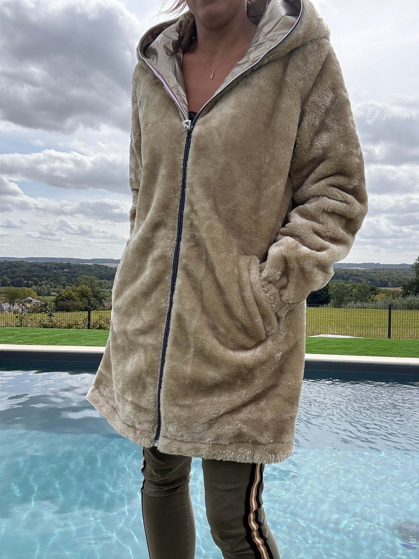 New Lolo - Manteau long doré réversible imperméable fourré fausse fourrure - Curvy
