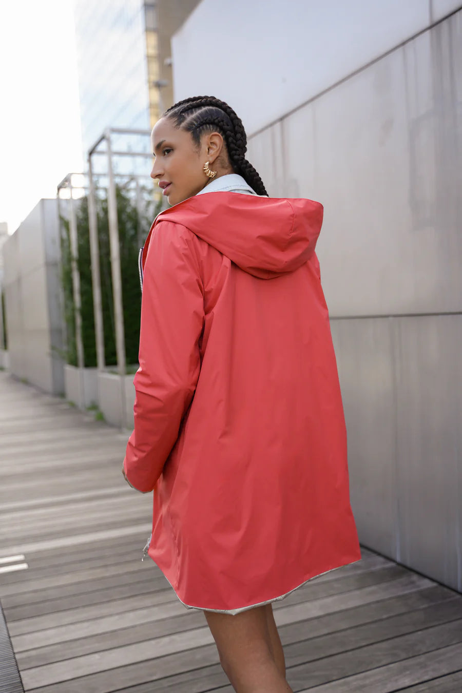 Laura Jo - Imperméable réversible long sans garnissage ouate couleur corail/doré
