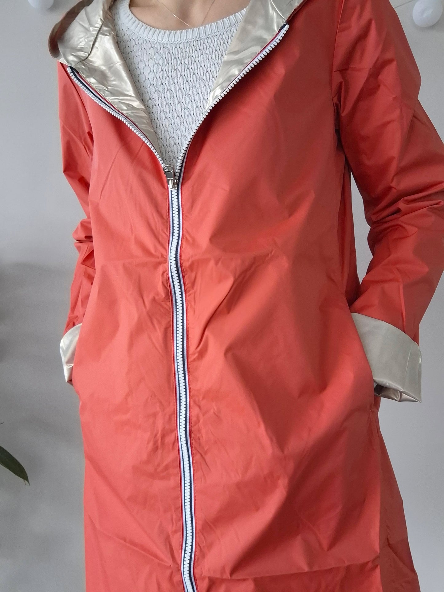 Laura Jo - Imperméable réversible long sans garnissage ouate couleur corail/doré