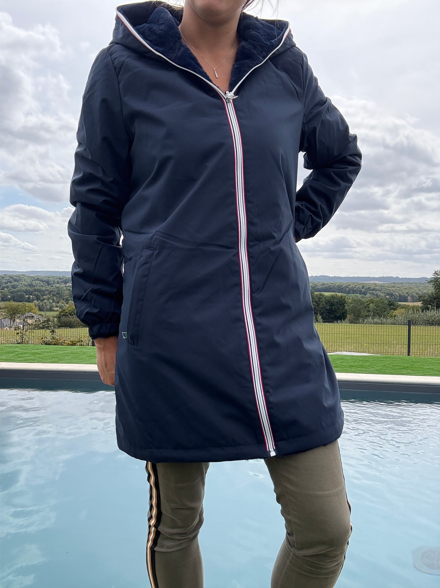 New Lolo - Manteau long bleu marine réversible imperméable fourré fausse fourrure - Curvy