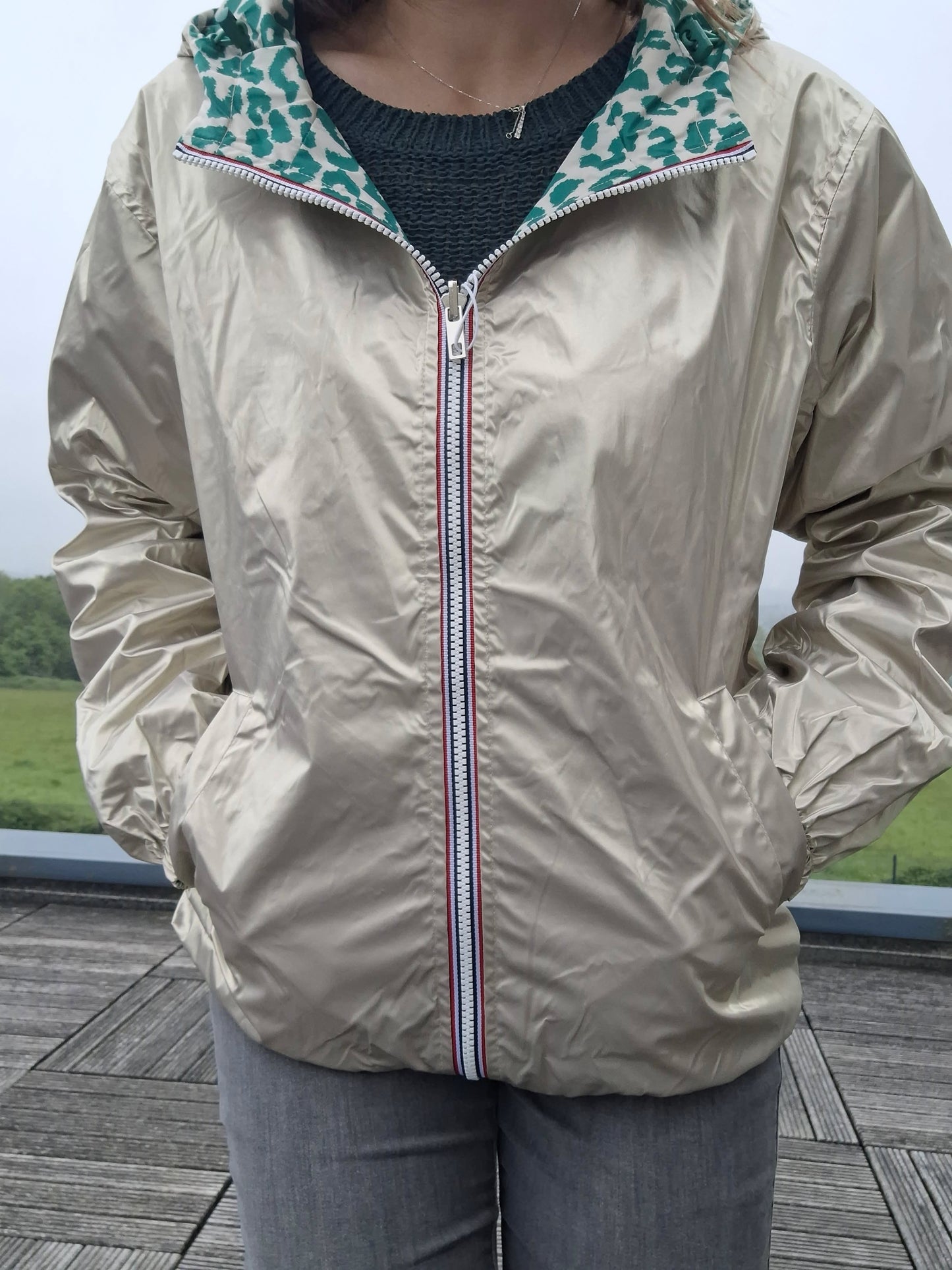 Escandelle - Parka imperméable courte Léopard vert réversible doré