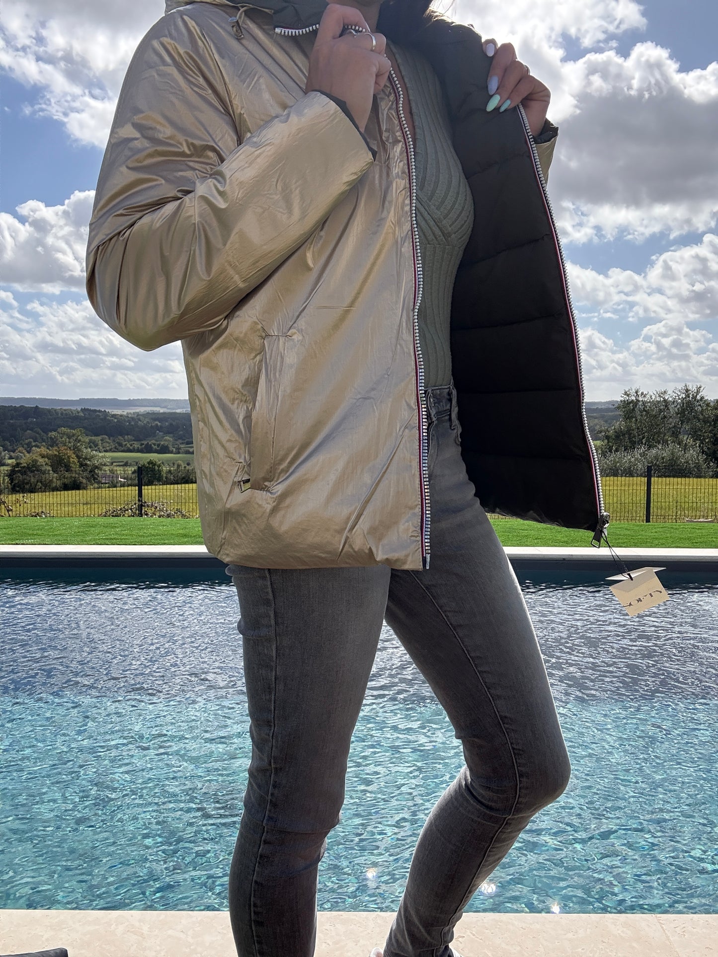 Doudoune manteau imperméable court réversible matelassé kaki doré