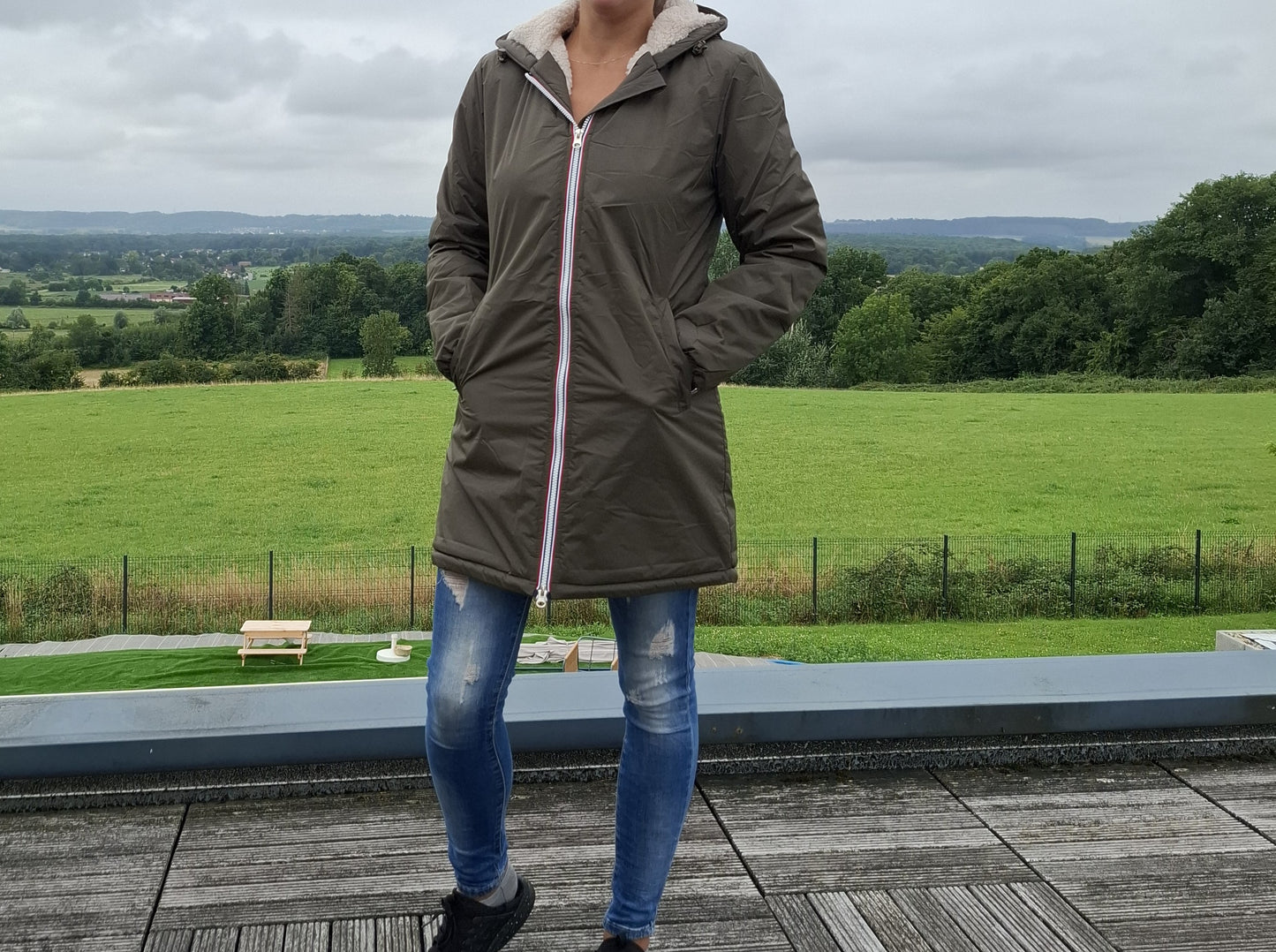 Laura Jo - Imperméable fourré long fausse fourrure kaki intérieur sherpa beige