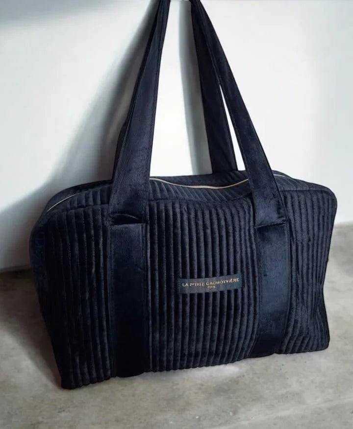 Sac week-end de voyage polochon velours matelassé bleu marine