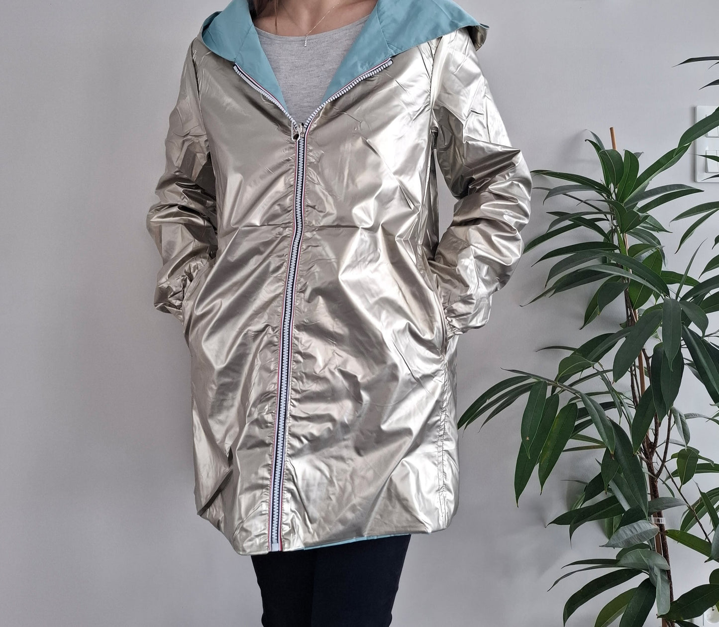 Melya Melody - Imperméable réversible mi-long sans garnissage ouate couleur bleu ciel/doré