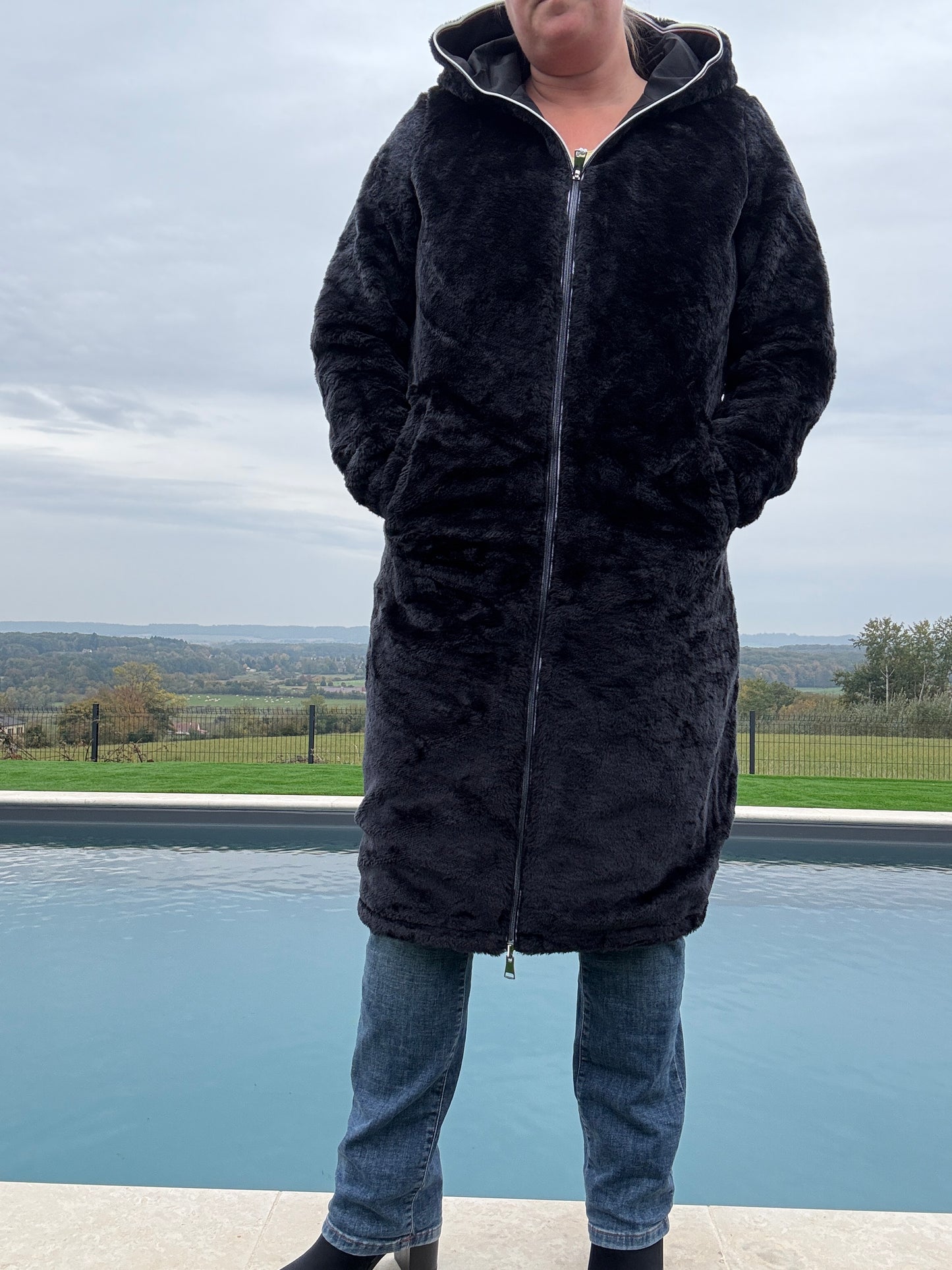 New Lolo - Manteau chaud long hauteur genoux noir fourré complet réversible imperméable