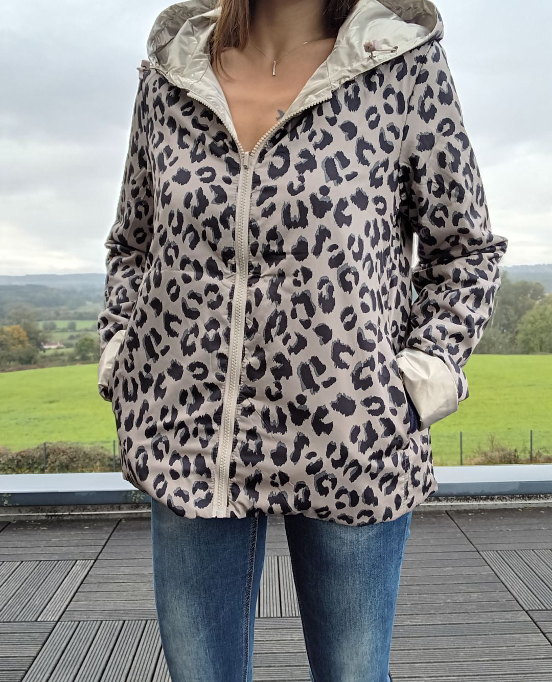 Laura Jo - Imperméable réversible court garnissage ouate mi-saison doré / léopard zip uni