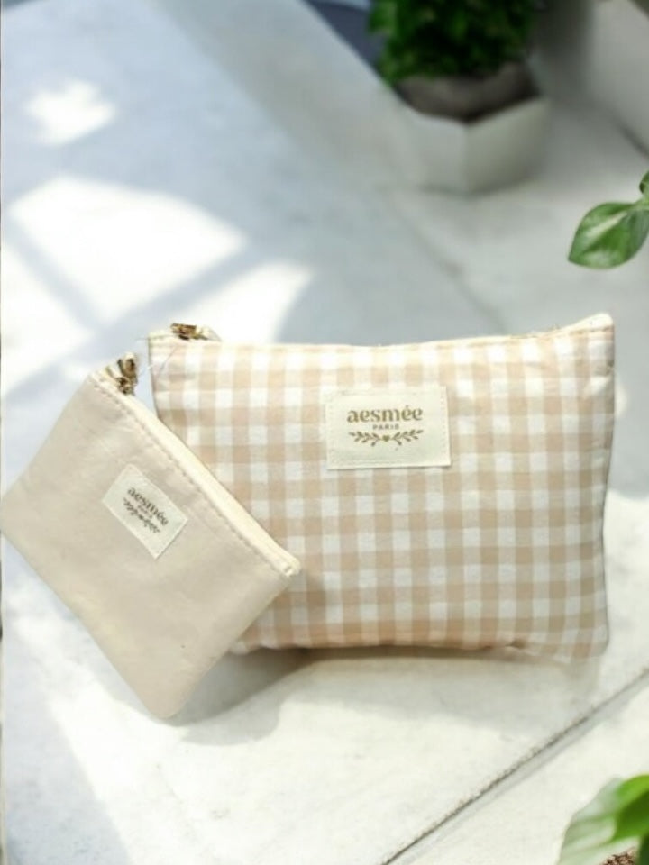 Pochette et trousse en coton vichy motifs à carreaux beige et crème