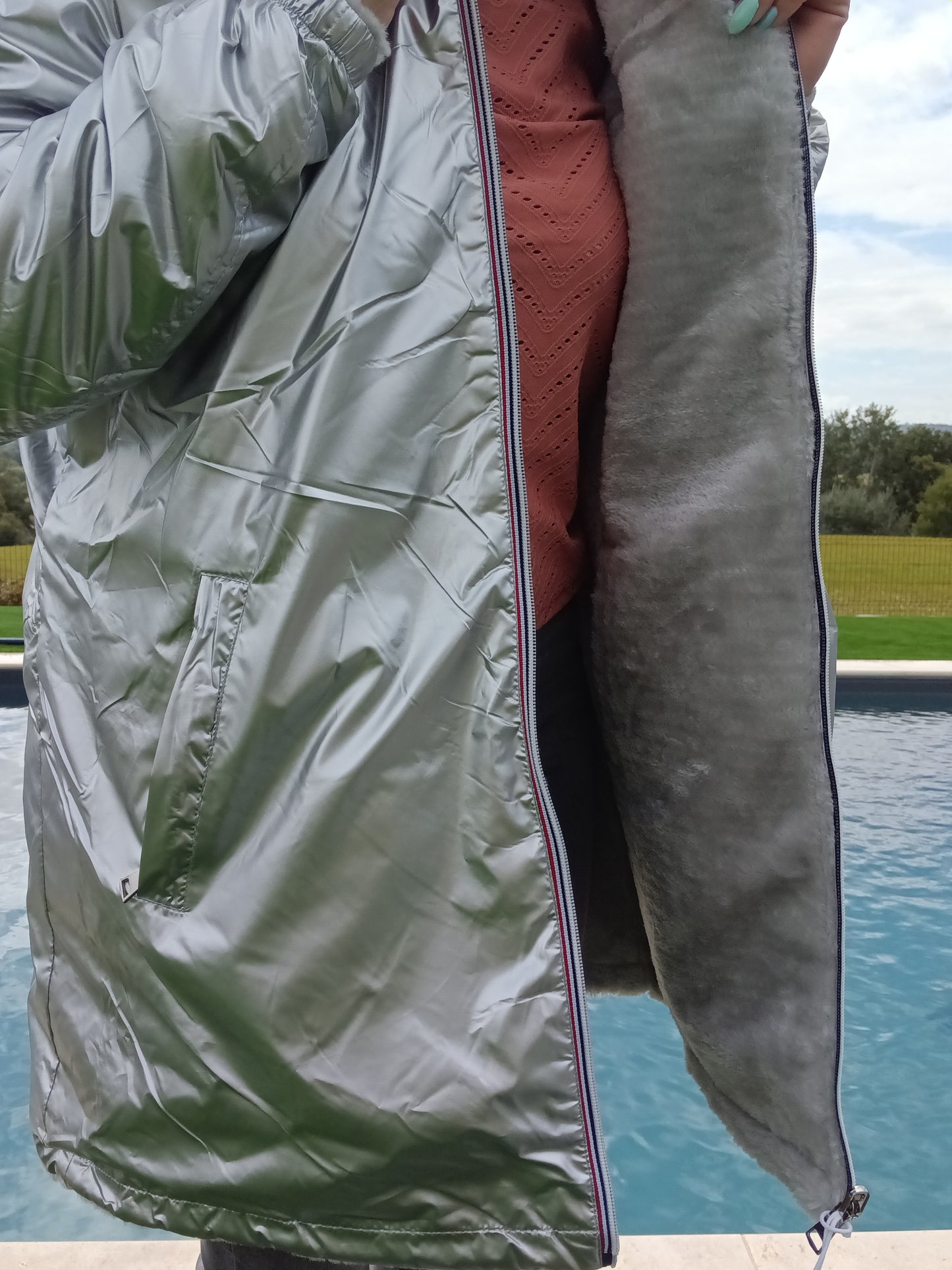 New Lolo - Manteau long argenté réversible imperméable fourré fausse fourrure