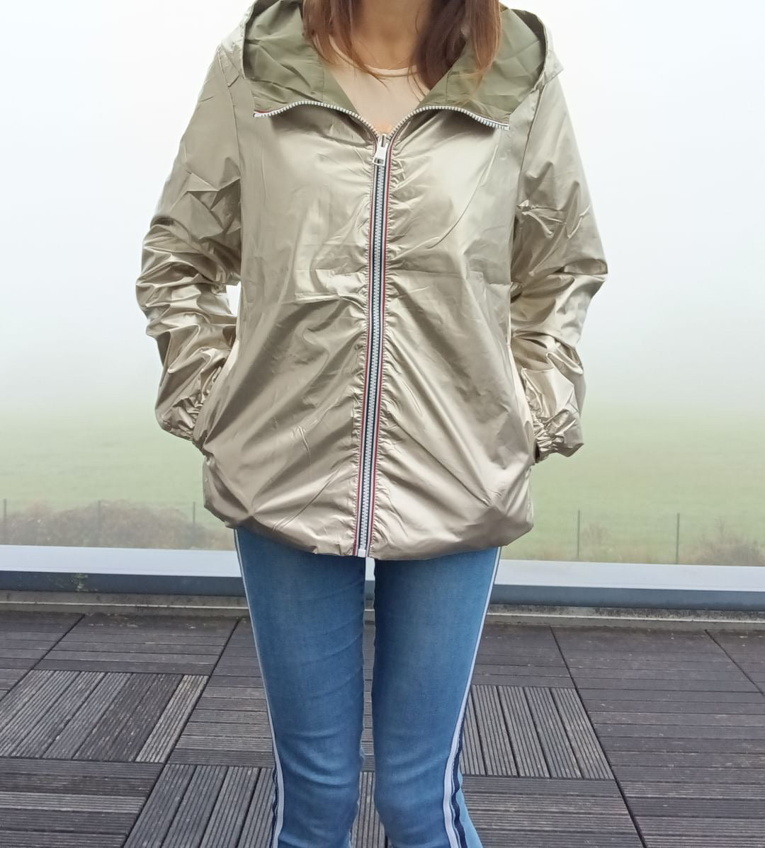 Melya Melody - Manteau court léger imperméable kaki réversible doré