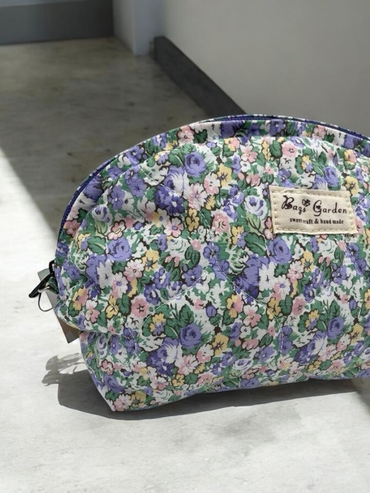Trousse de toilette maquillage coton matelassé liberty violet parme et vert