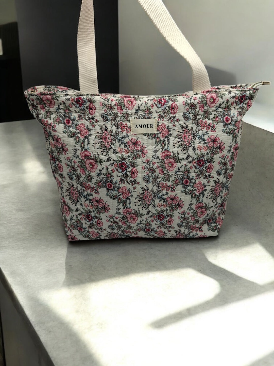 Sac cabas porté épaule en coton liberty fleuri noir rose crème
