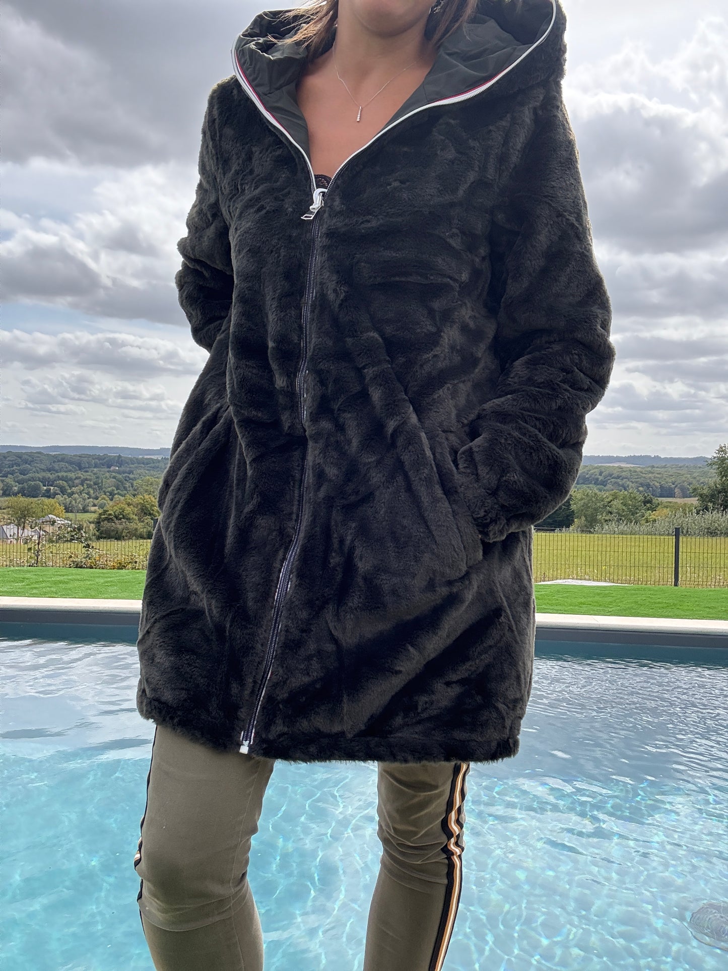 New Lolo - Manteau long kaki réversible imperméable fourré fausse fourrure