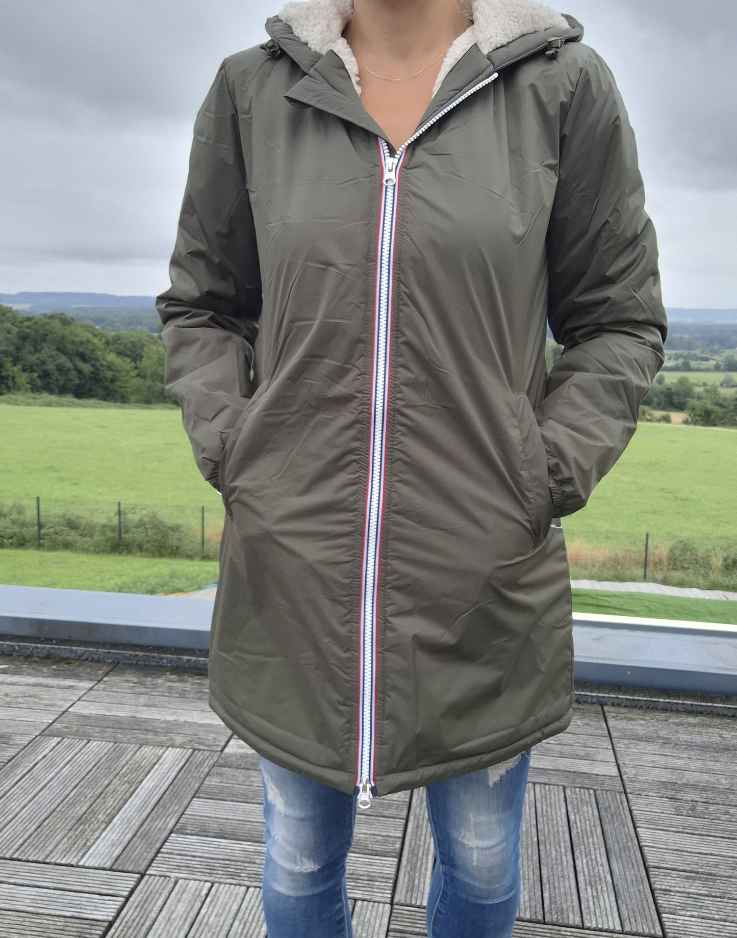 Laura Jo - Imperméable fourré long fausse fourrure kaki intérieur sherpa beige