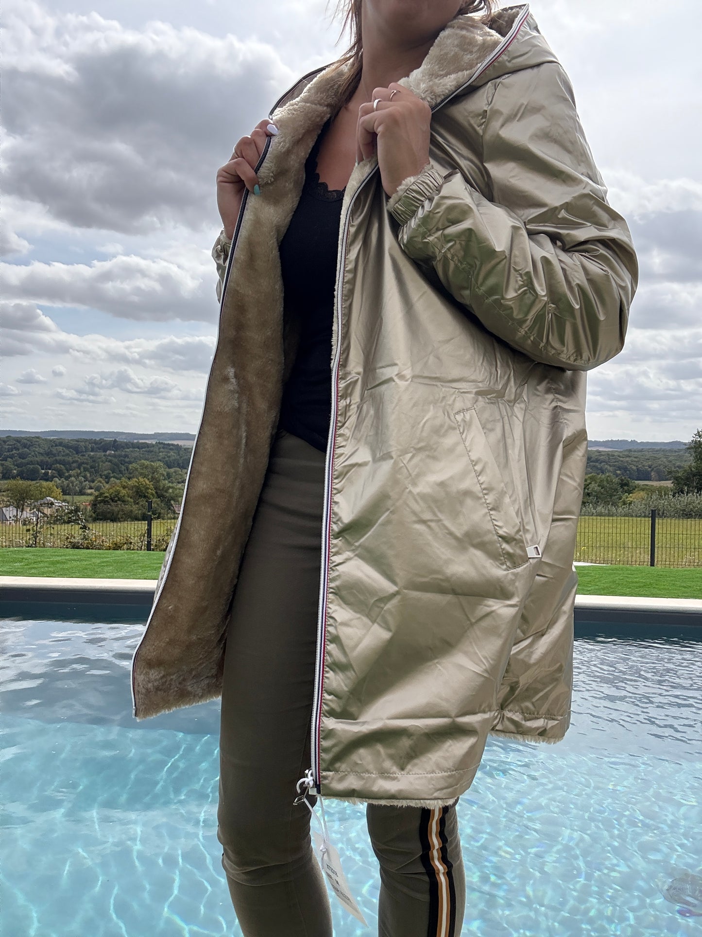 New Lolo - Manteau long doré réversible imperméable fourré fausse fourrure - Curvy