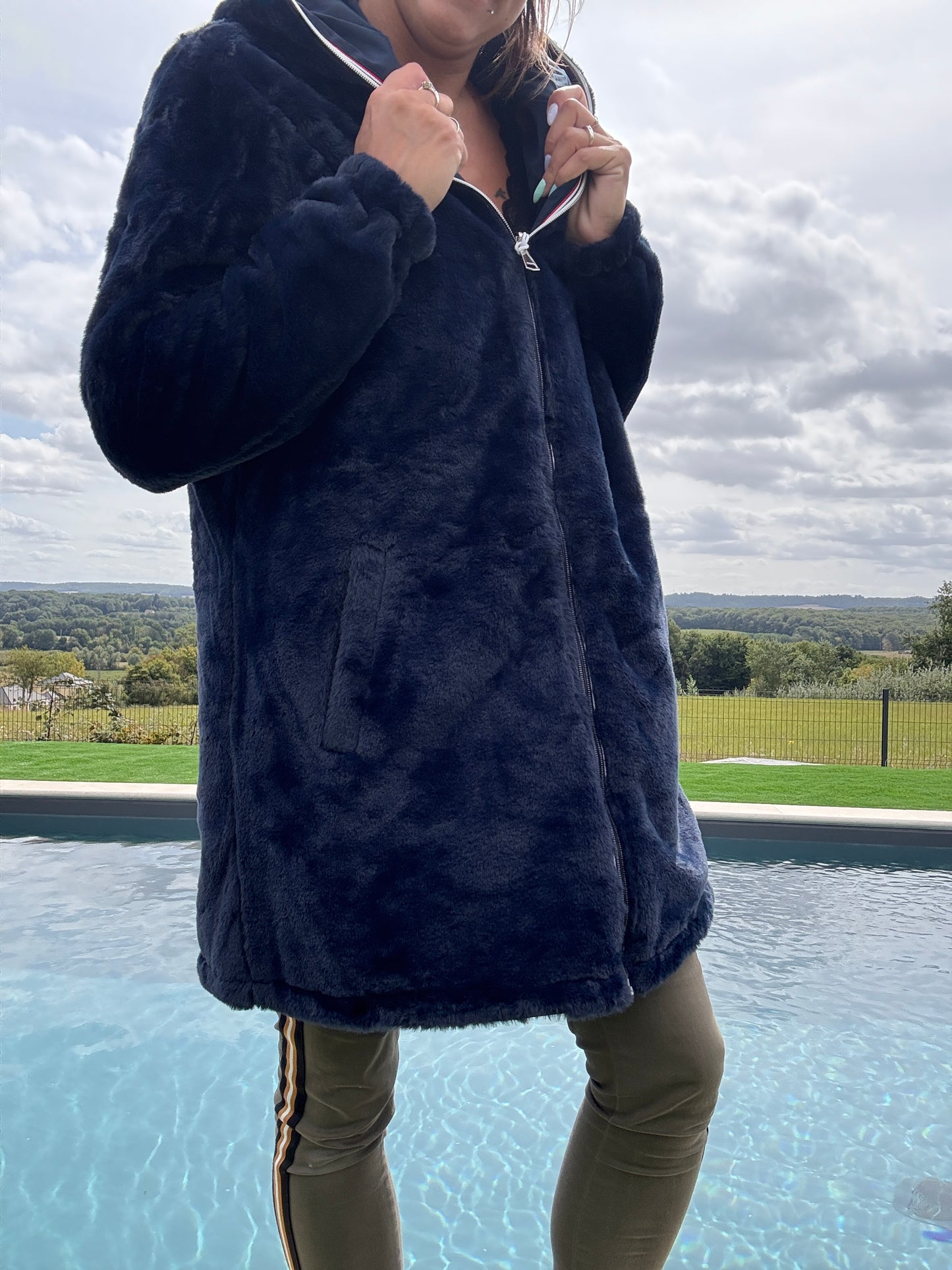New Lolo - Manteau long bleu marine réversible imperméable fourré fausse fourrure - Curvy