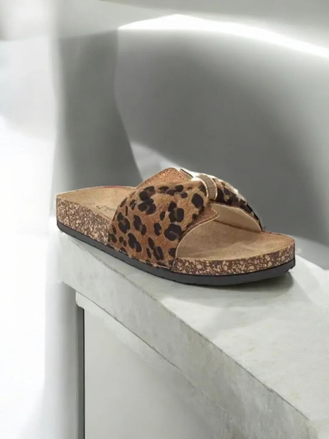 Chaussures sandales type Birk 1 bride cuivre tissu léopard marron noir