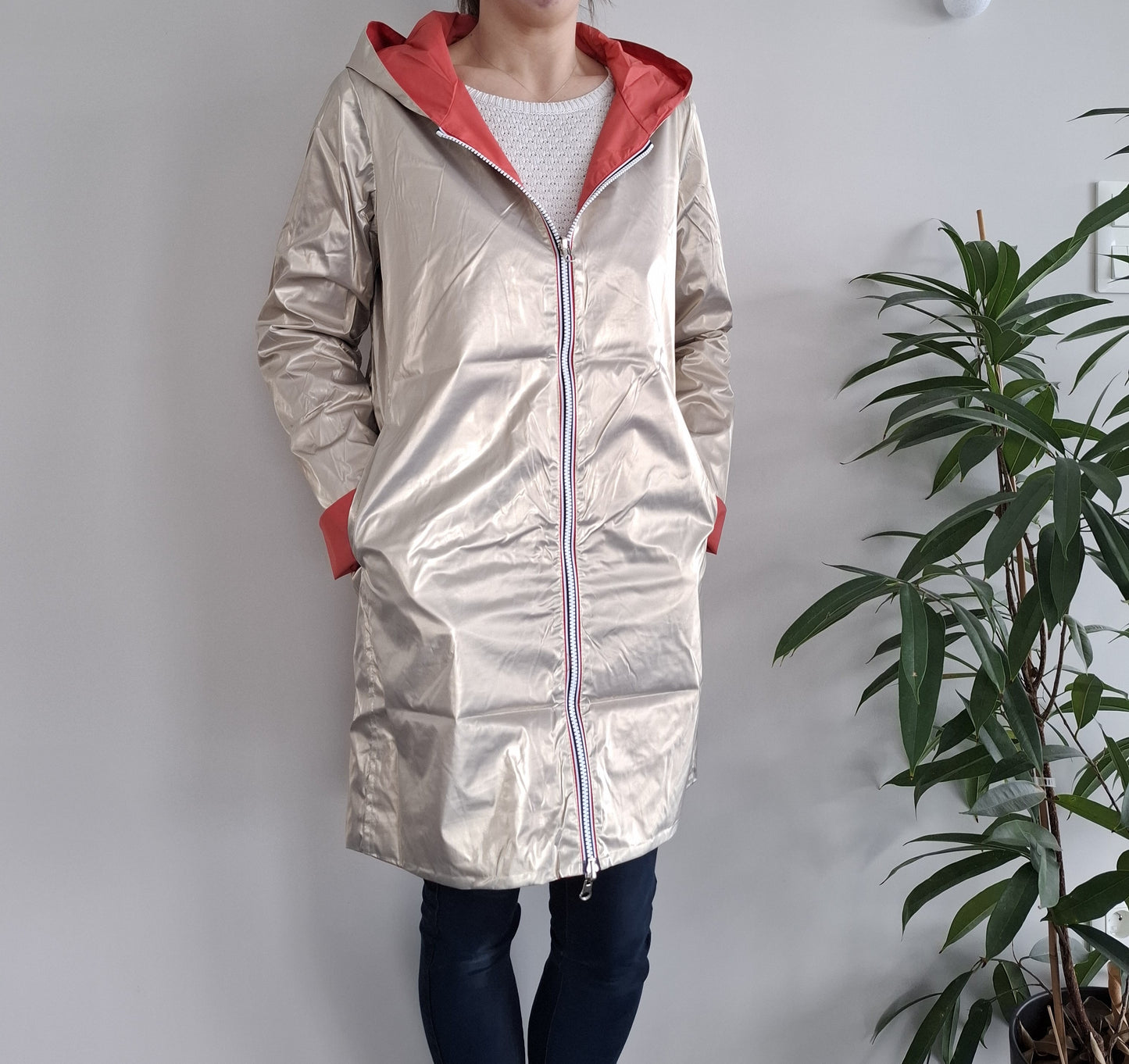 Laura Jo - Imperméable réversible long sans garnissage ouate couleur corail/doré