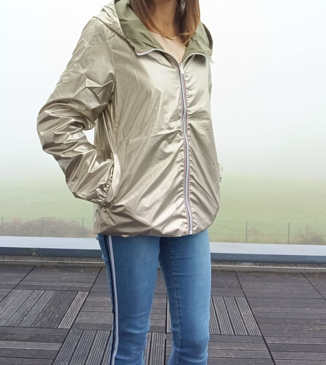 Melya Melody - Manteau court léger imperméable kaki réversible doré