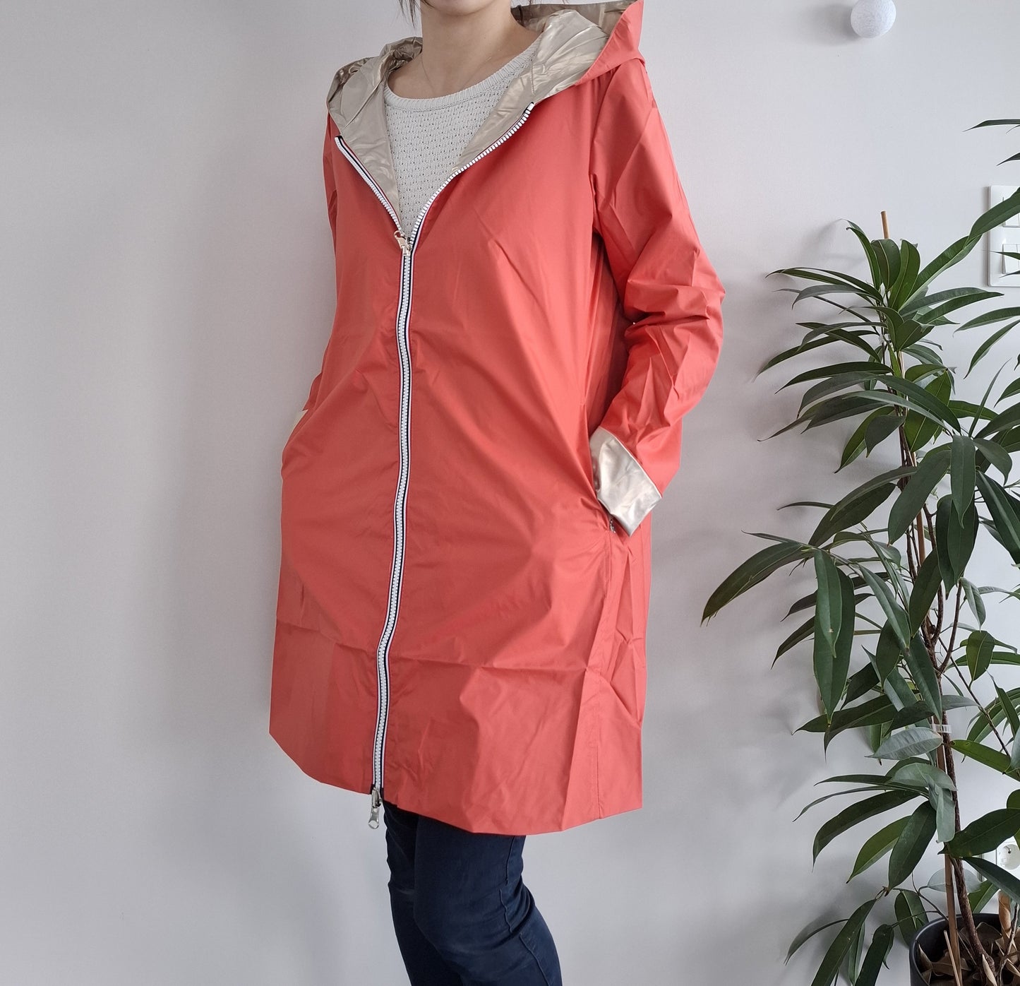 Laura Jo - Imperméable réversible long sans garnissage ouate couleur corail/doré
