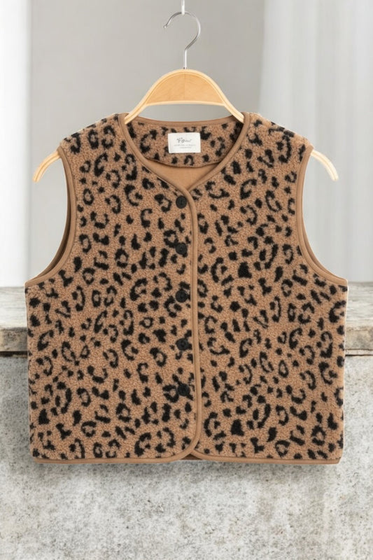 Veste gilet peluche moumoute sans manches imprimé léopard marron noir