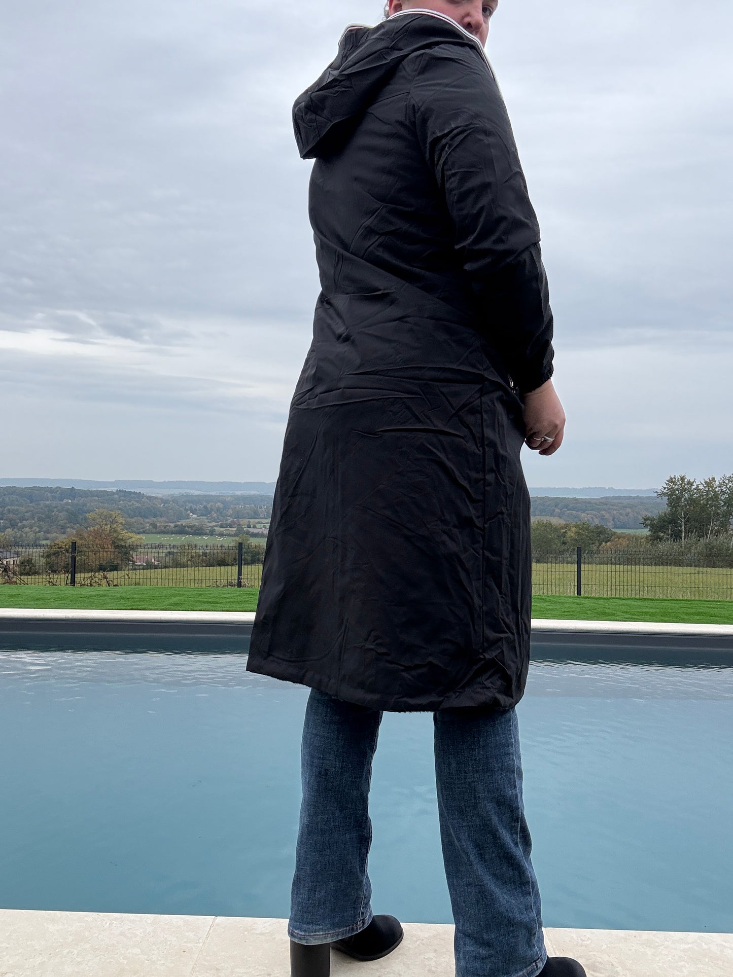 New Lolo - Manteau chaud long hauteur genoux noir fourré complet réversible imperméable