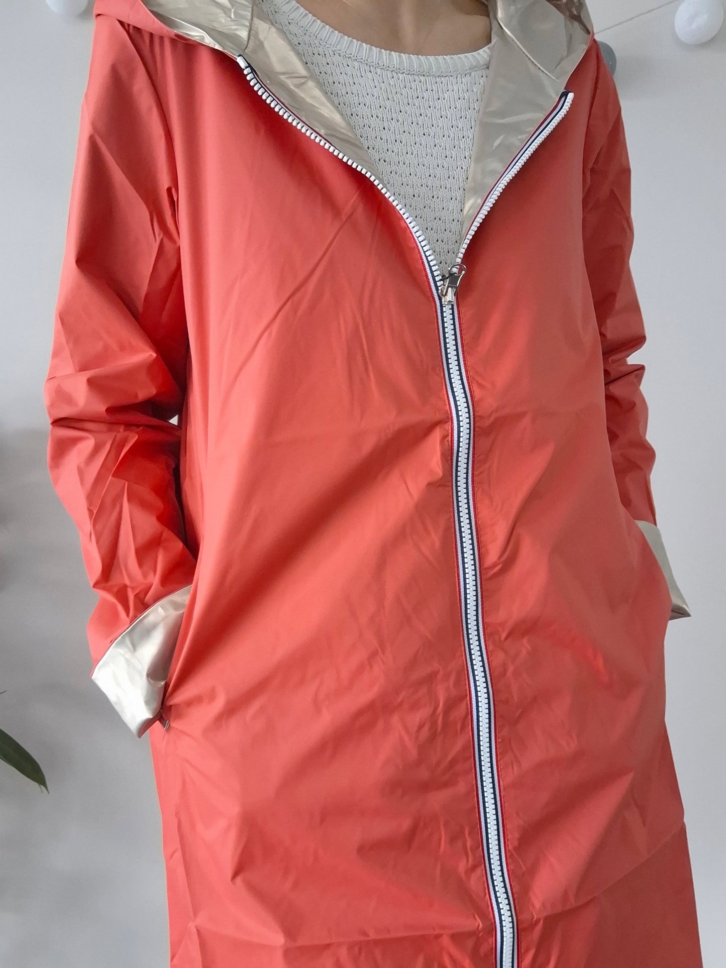 Laura Jo - Imperméable réversible long sans garnissage ouate couleur corail/doré