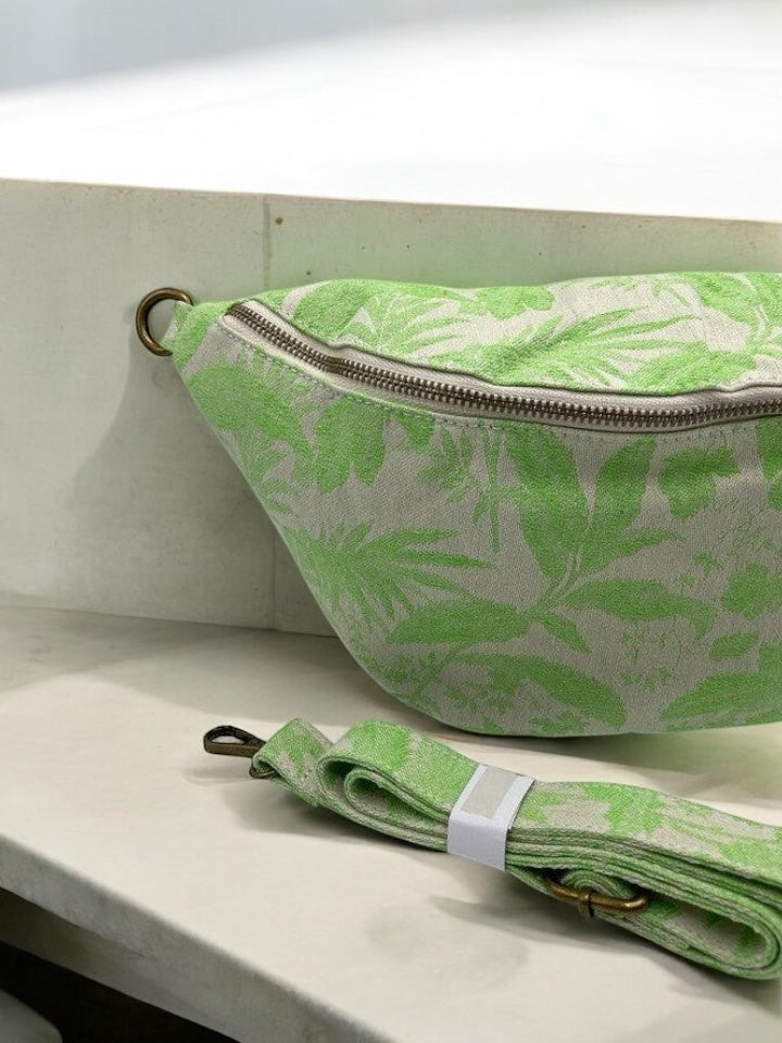 Sac banane XL tissu style toile de jouy vert pomme creme