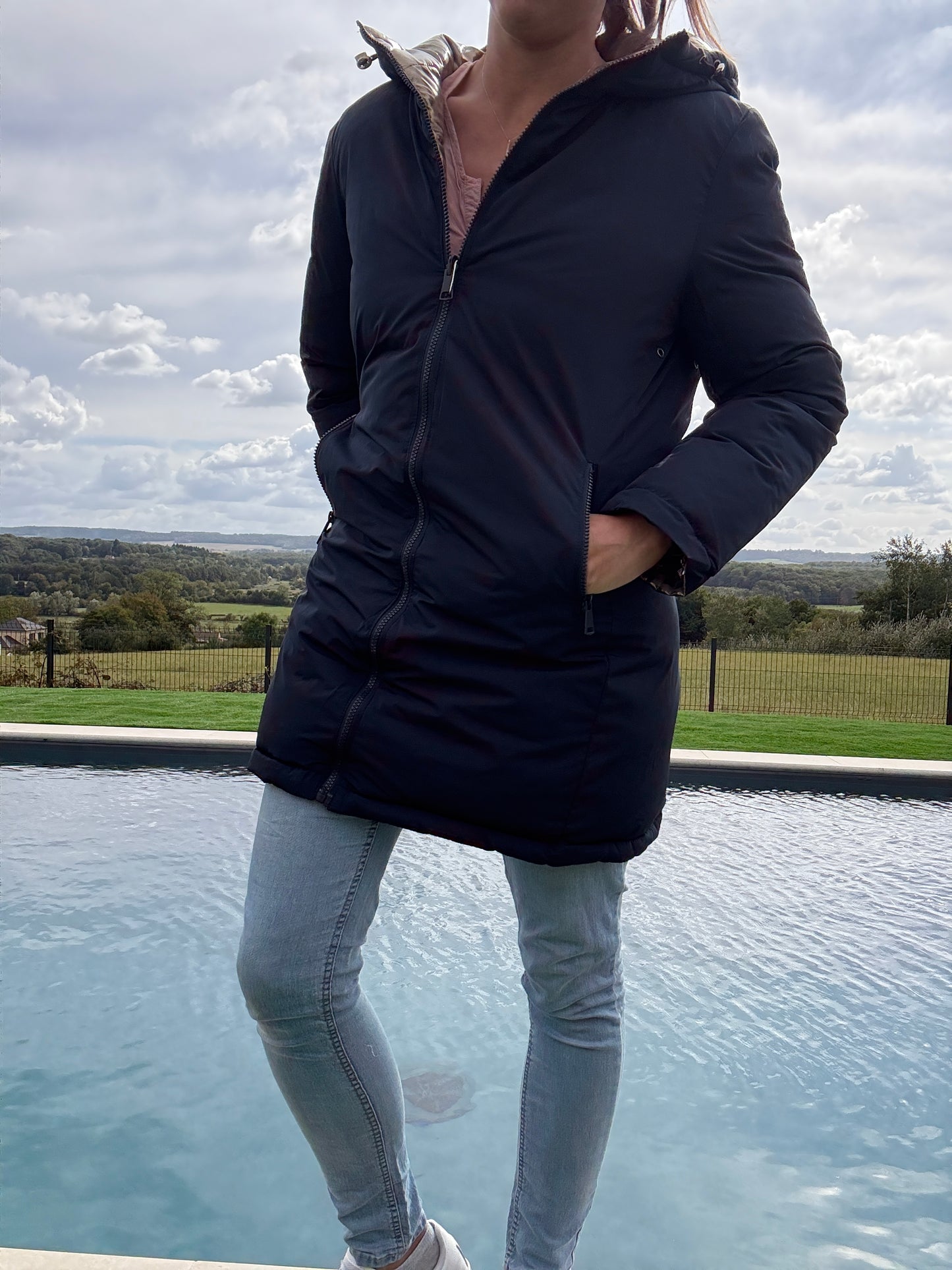 Melya Melody - Manteau long réversible et imperméable matelassé bleu marine/léopard