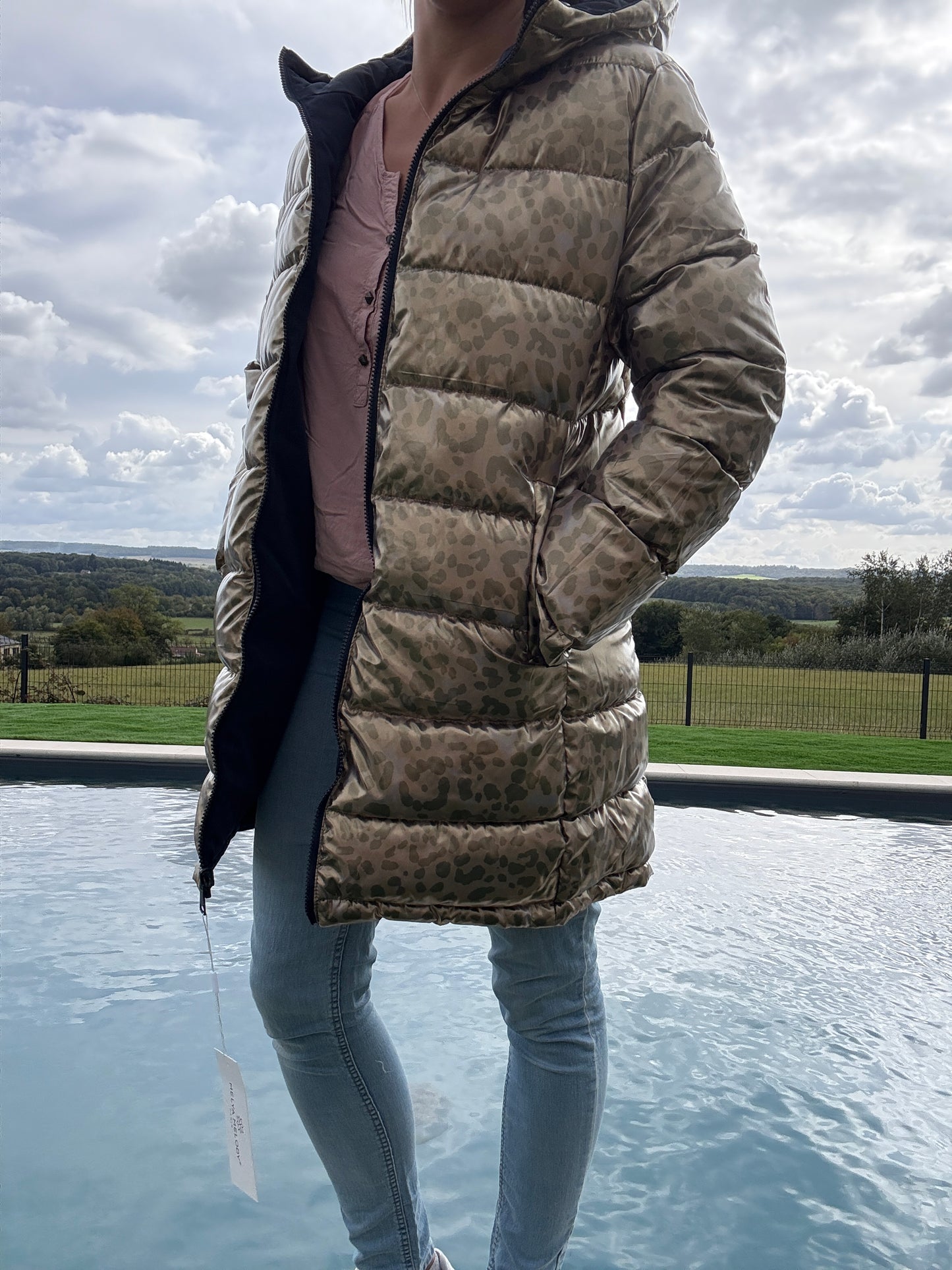 Melya Melody - Manteau long réversible et imperméable matelassé bleu marine/léopard