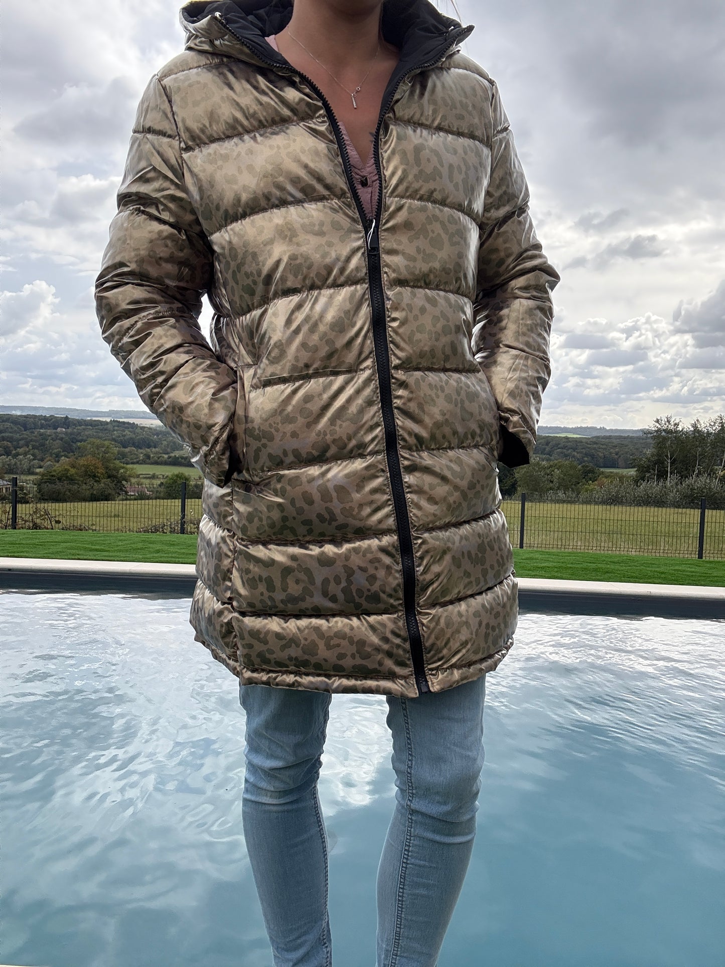 Melya Melody - Manteau long réversible et imperméable matelassé noir/léopard
