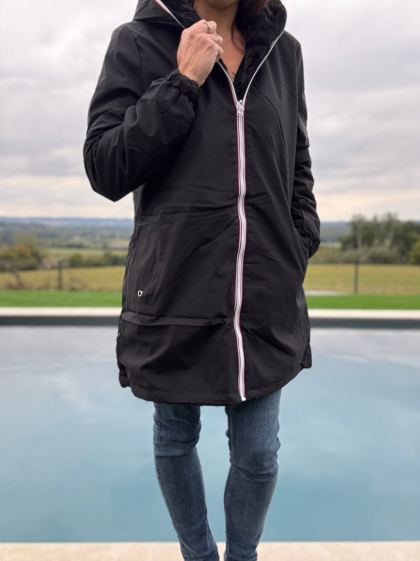 New Lolo - Manteau long noir fourré complet réversible imperméable