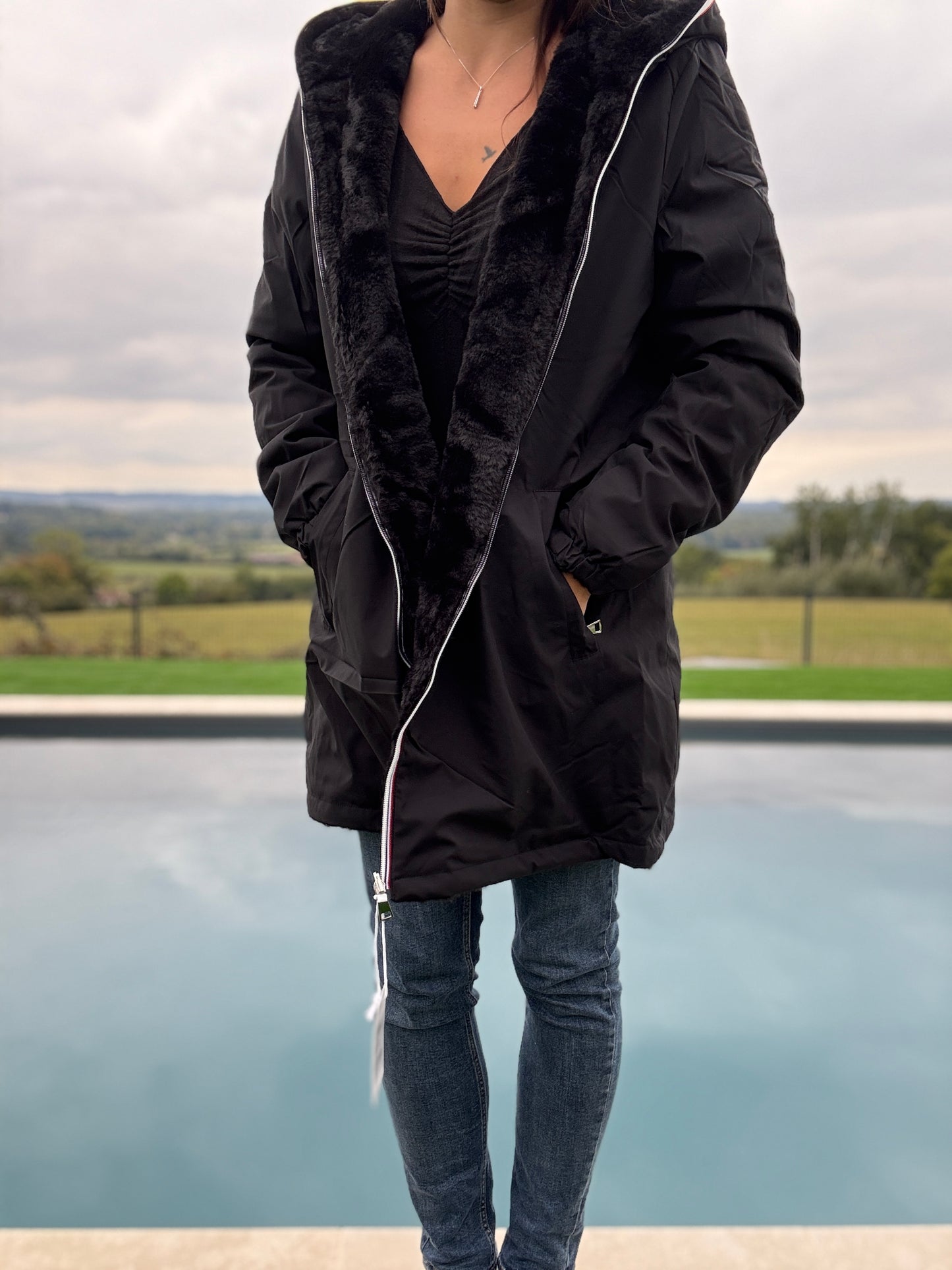New Lolo - Manteau long noir fourré complet réversible imperméable