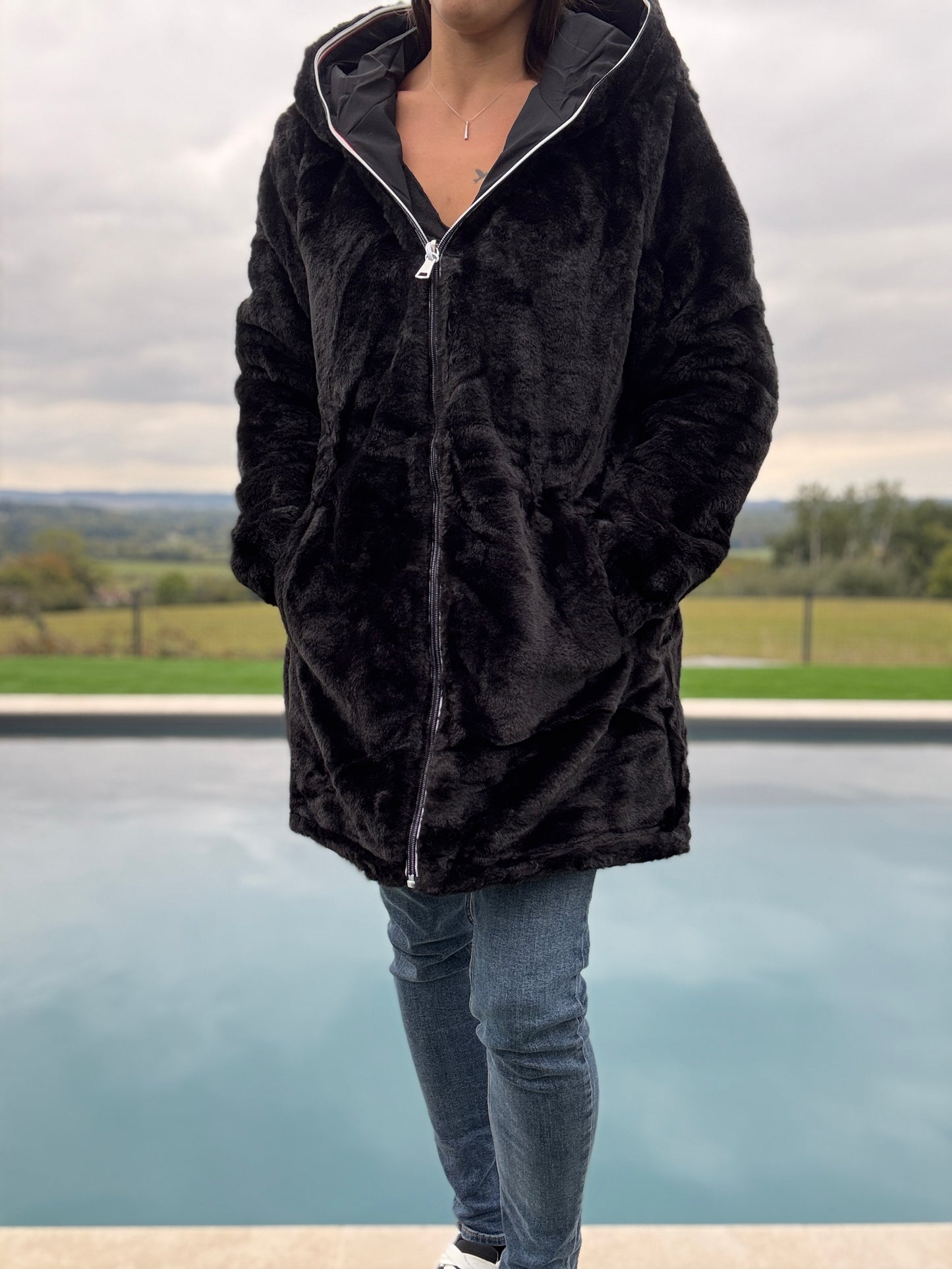 New Lolo - Manteau long noir fourré complet réversible imperméable