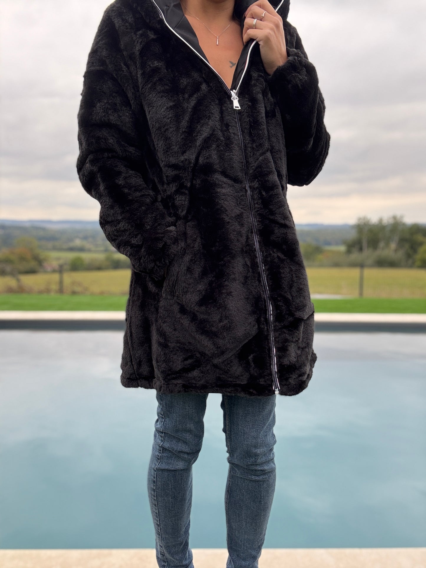 New Lolo - Manteau long noir fourré complet réversible imperméable