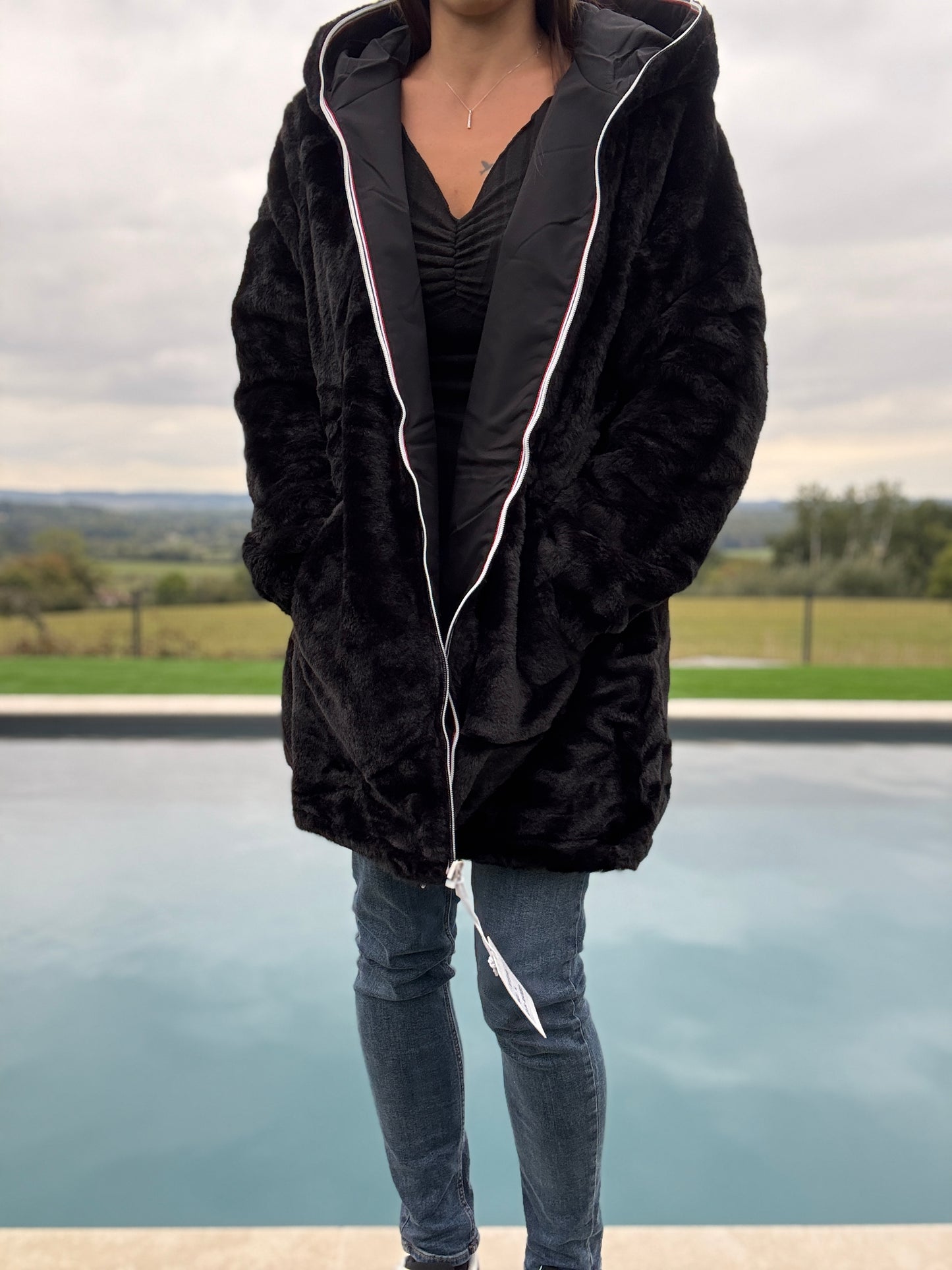 New Lolo - Manteau long noir fourré complet réversible imperméable