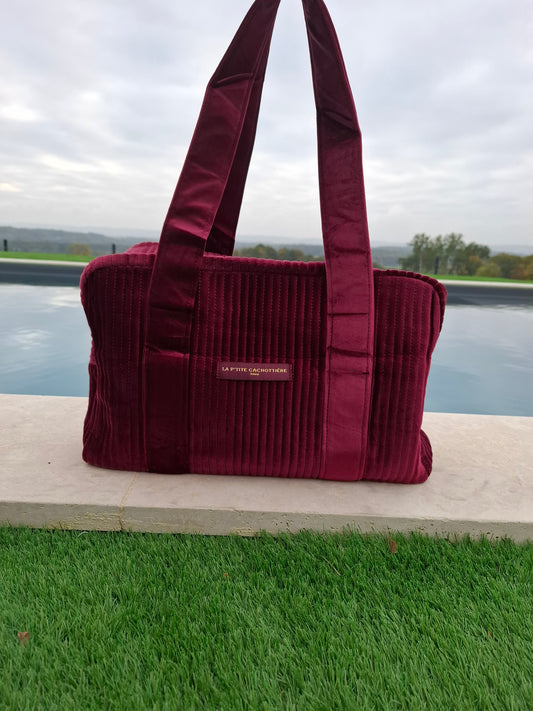 Sac week-end de voyage polochon velours cotelé rouge bordeaux