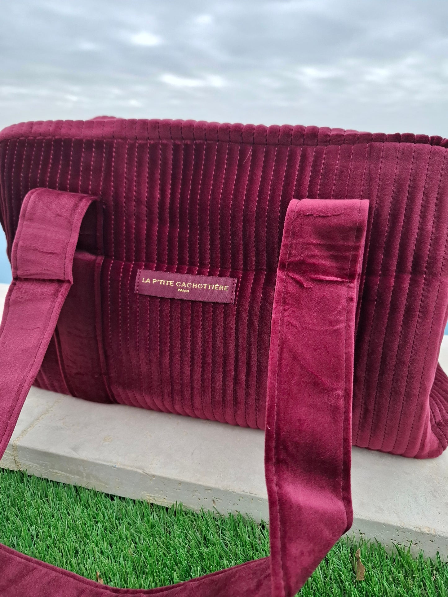 Sac week-end de voyage polochon velours cotelé rouge bordeaux