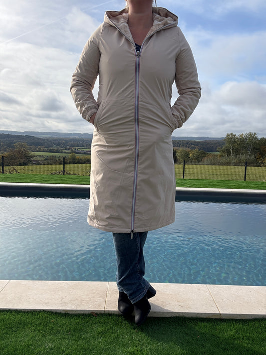 New Lolo - Manteau chaud long hauteur genoux beige crème fourré complet réversible imperméable