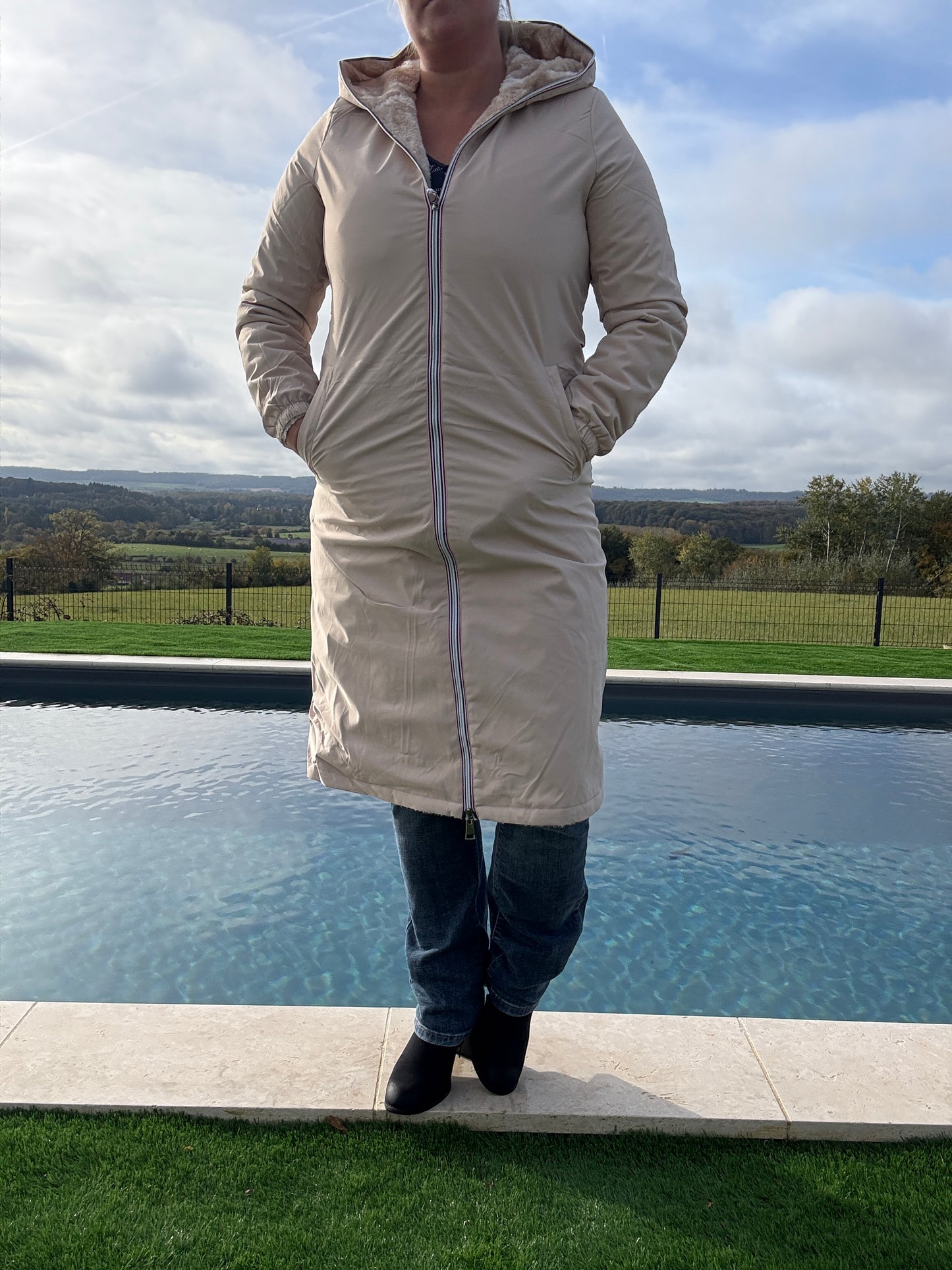 New Lolo - Manteau chaud long hauteur genoux beige crème fourré complet réversible imperméable