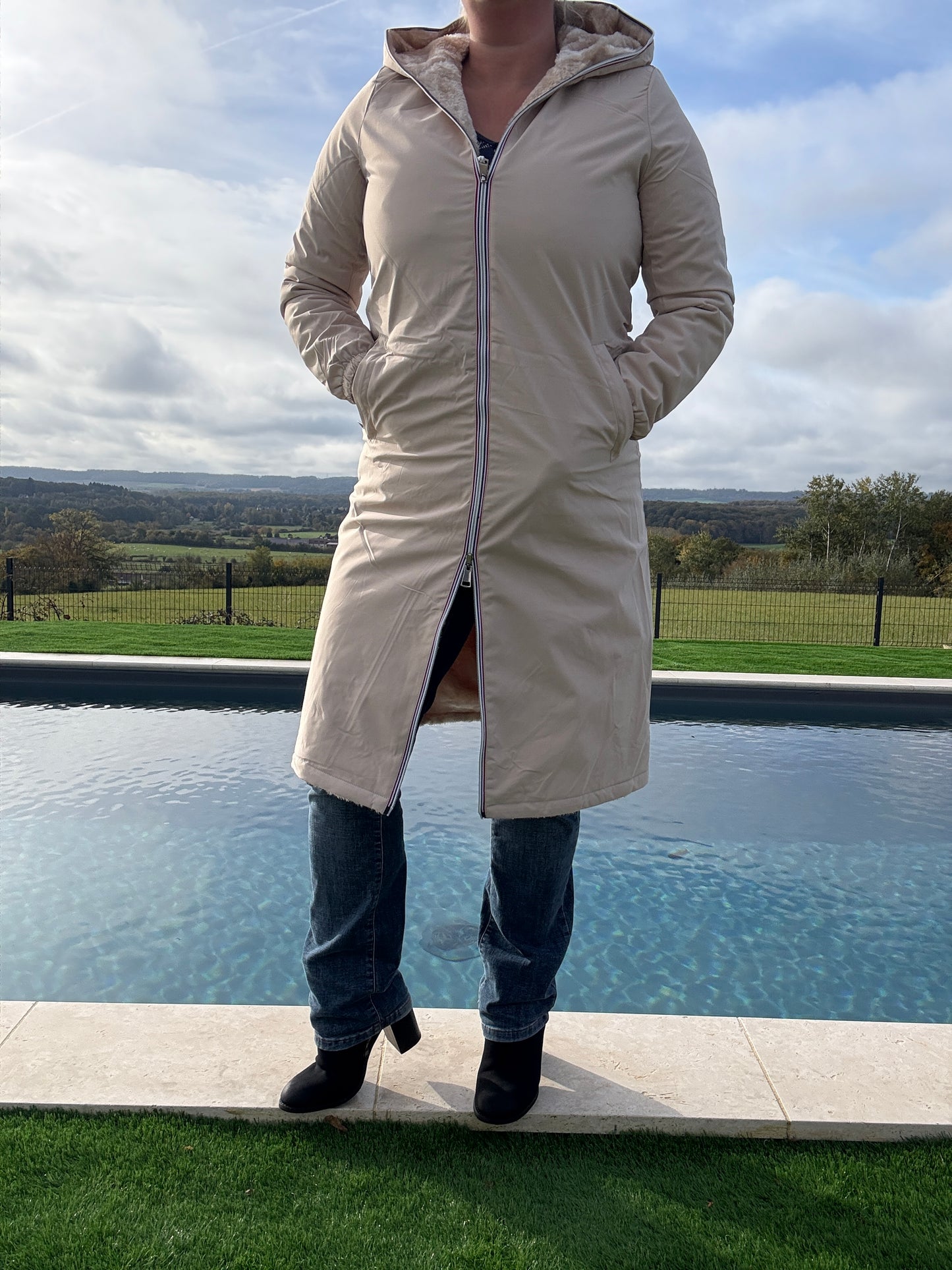 New Lolo - Manteau chaud long hauteur genoux beige crème fourré complet réversible imperméable