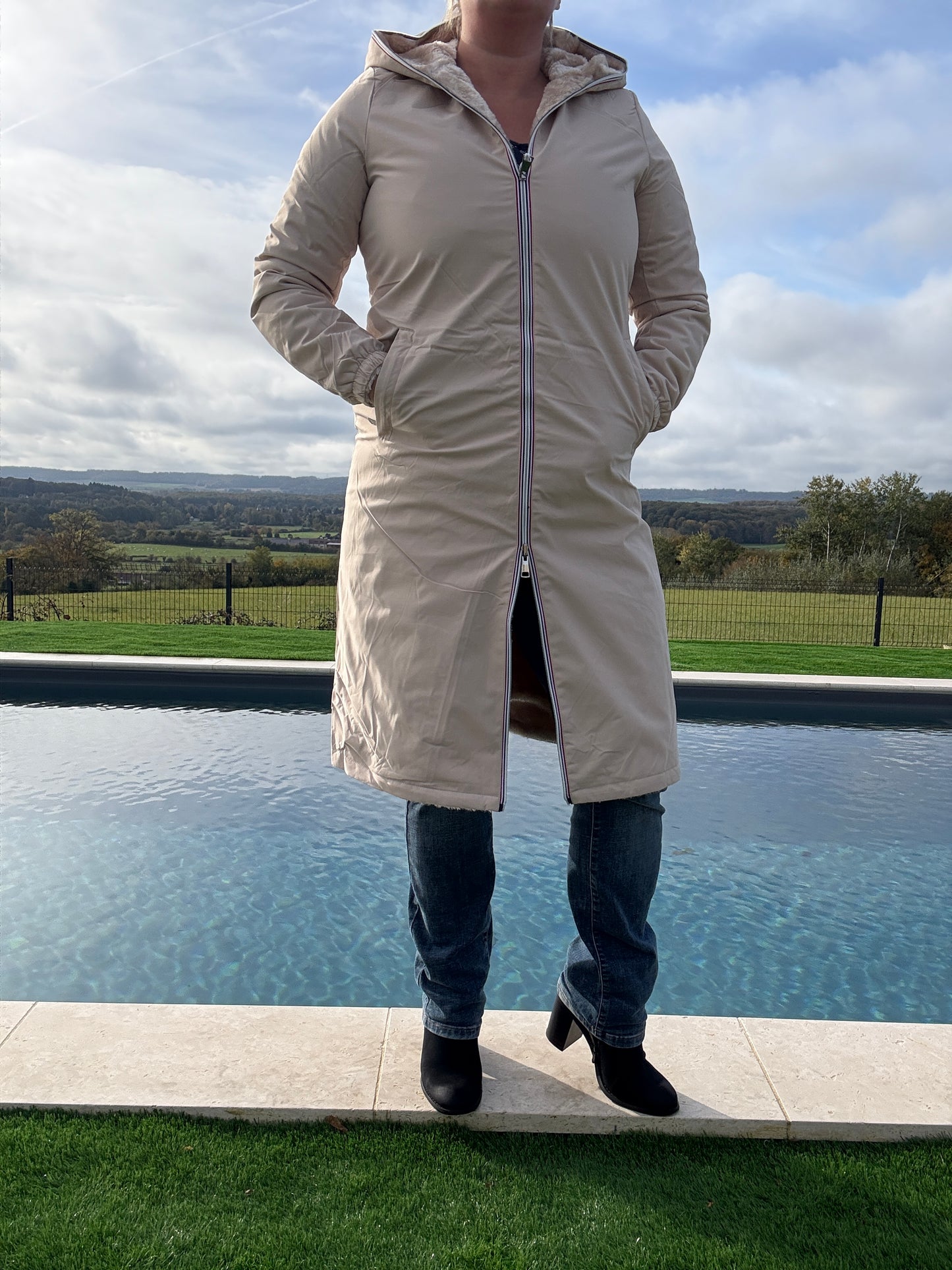 New Lolo - Manteau chaud long hauteur genoux beige crème fourré complet réversible imperméable