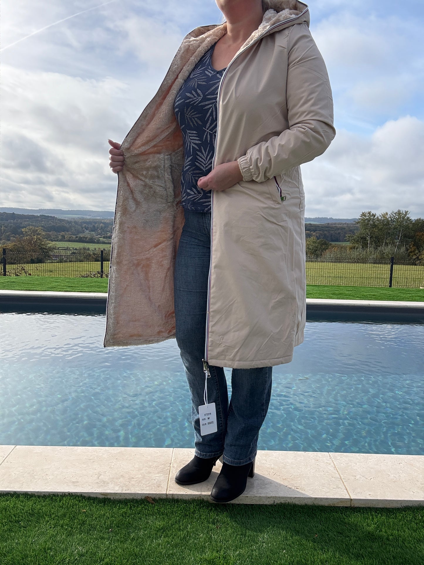 New Lolo - Manteau chaud long hauteur genoux beige crème fourré complet réversible imperméable