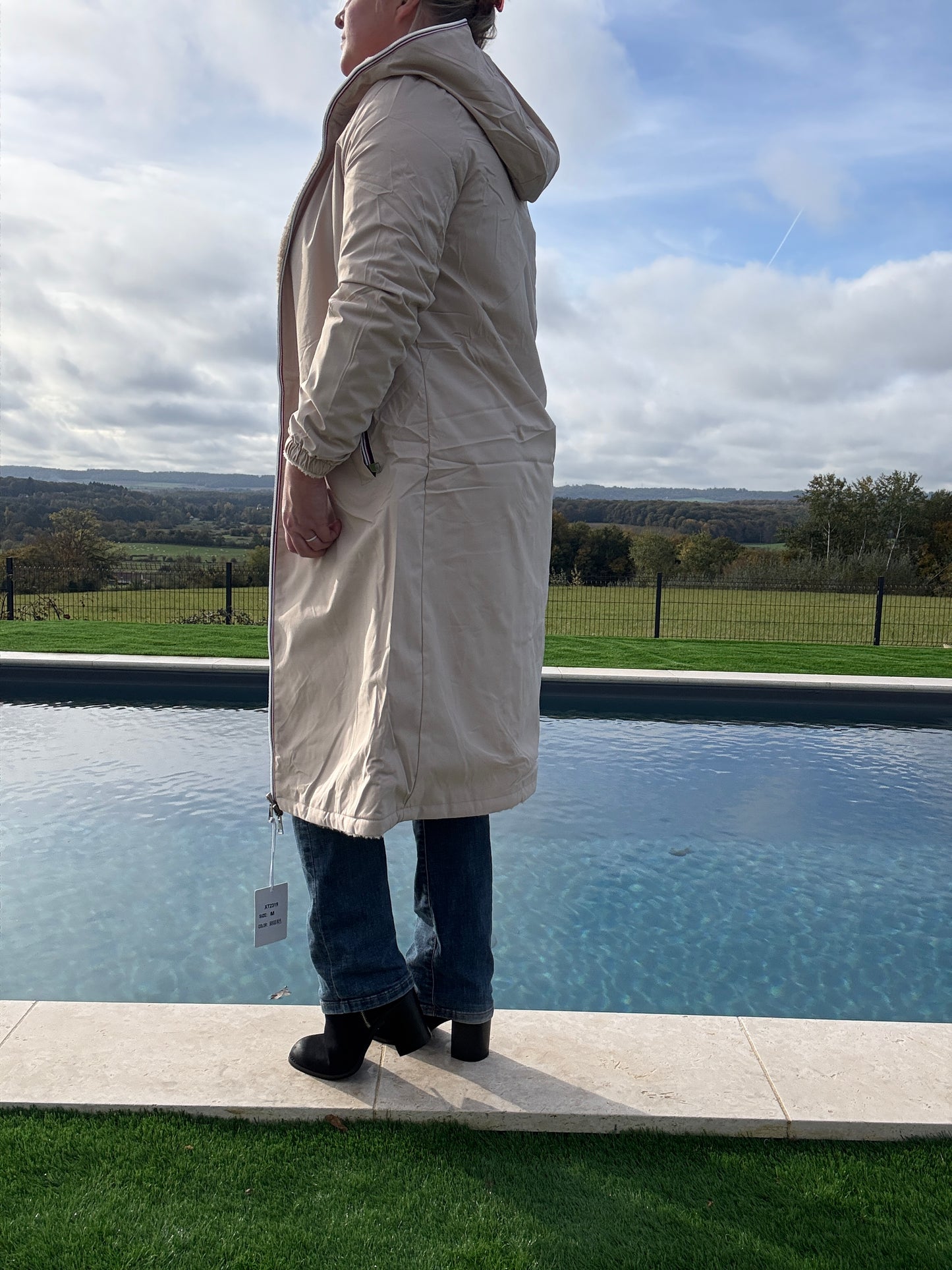 New Lolo - Manteau chaud long hauteur genoux beige crème fourré complet réversible imperméable