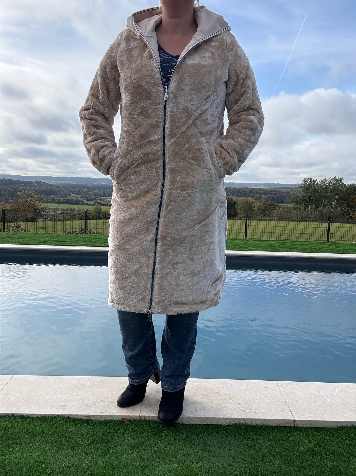 New Lolo - Manteau chaud long hauteur genoux beige crème fourré complet réversible imperméable