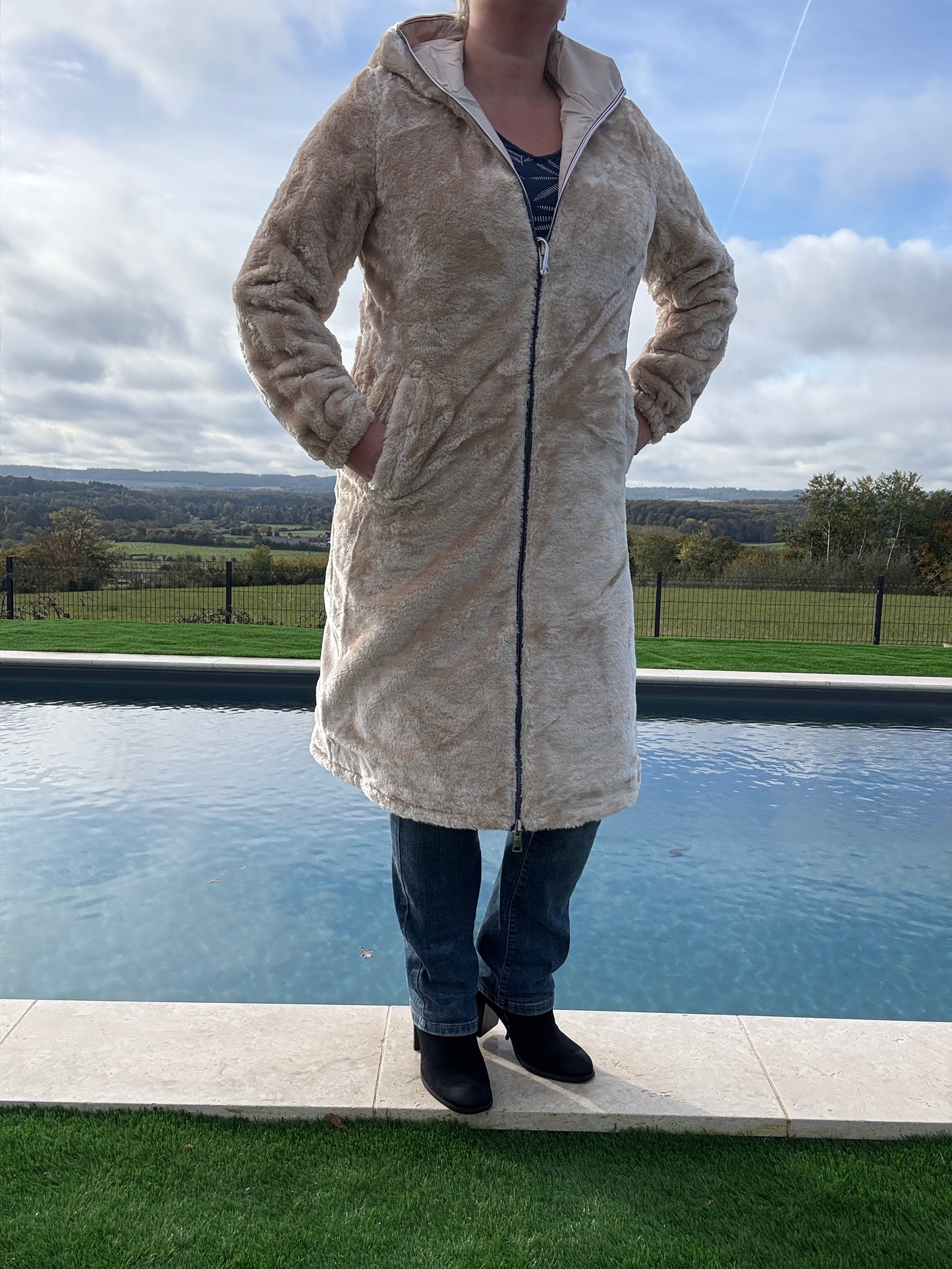 New Lolo - Manteau chaud long hauteur genoux beige crème fourré complet réversible imperméable