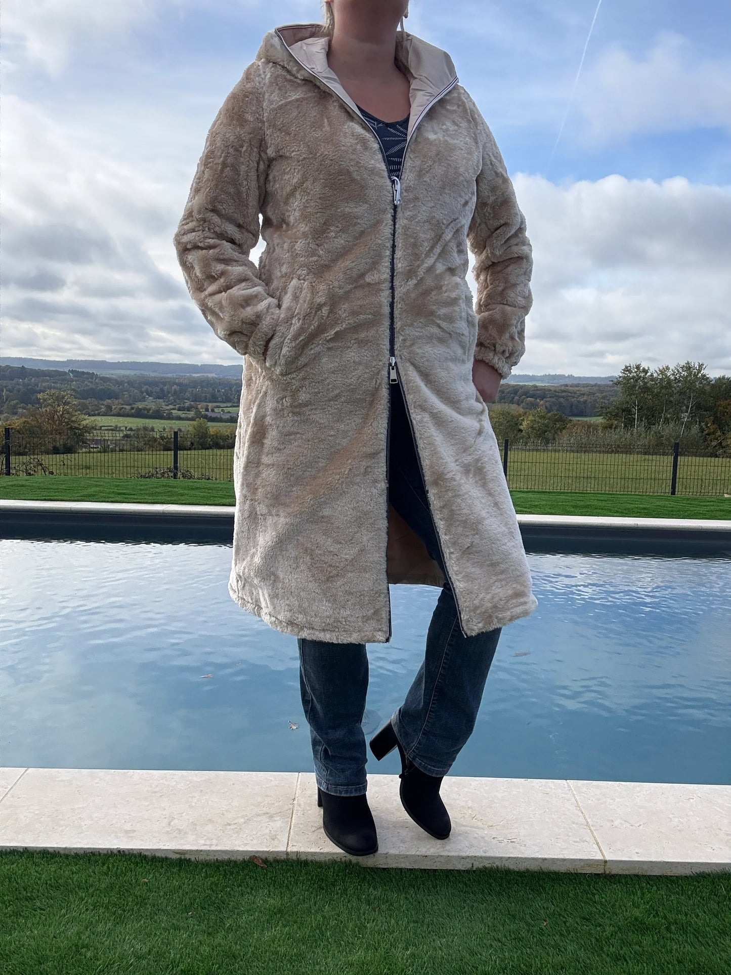 New Lolo - Manteau chaud long hauteur genoux beige crème fourré complet réversible imperméable