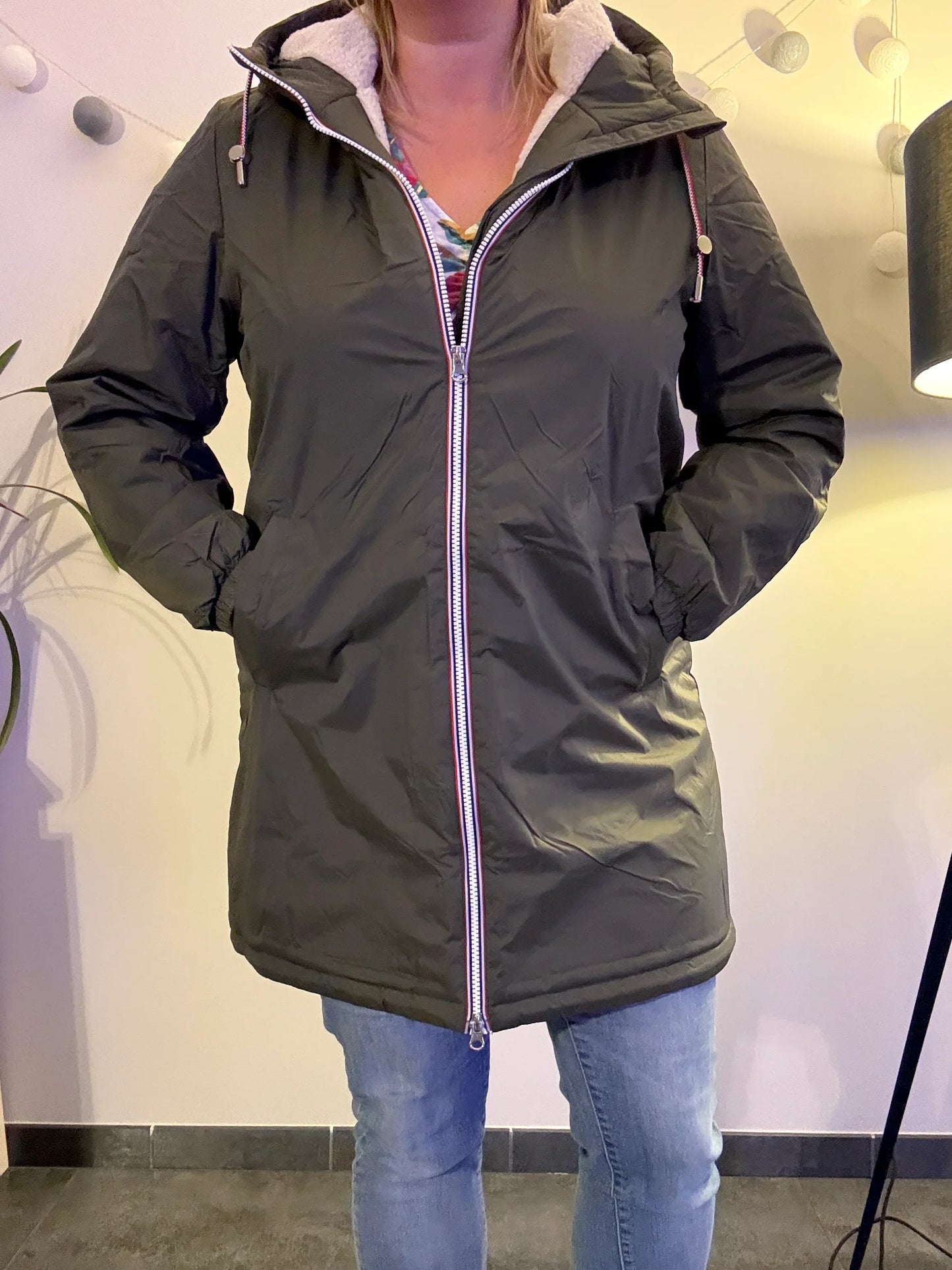 Laura Jo - Imperméable fourré long fausse fourrure kaki intérieur sherpa beige