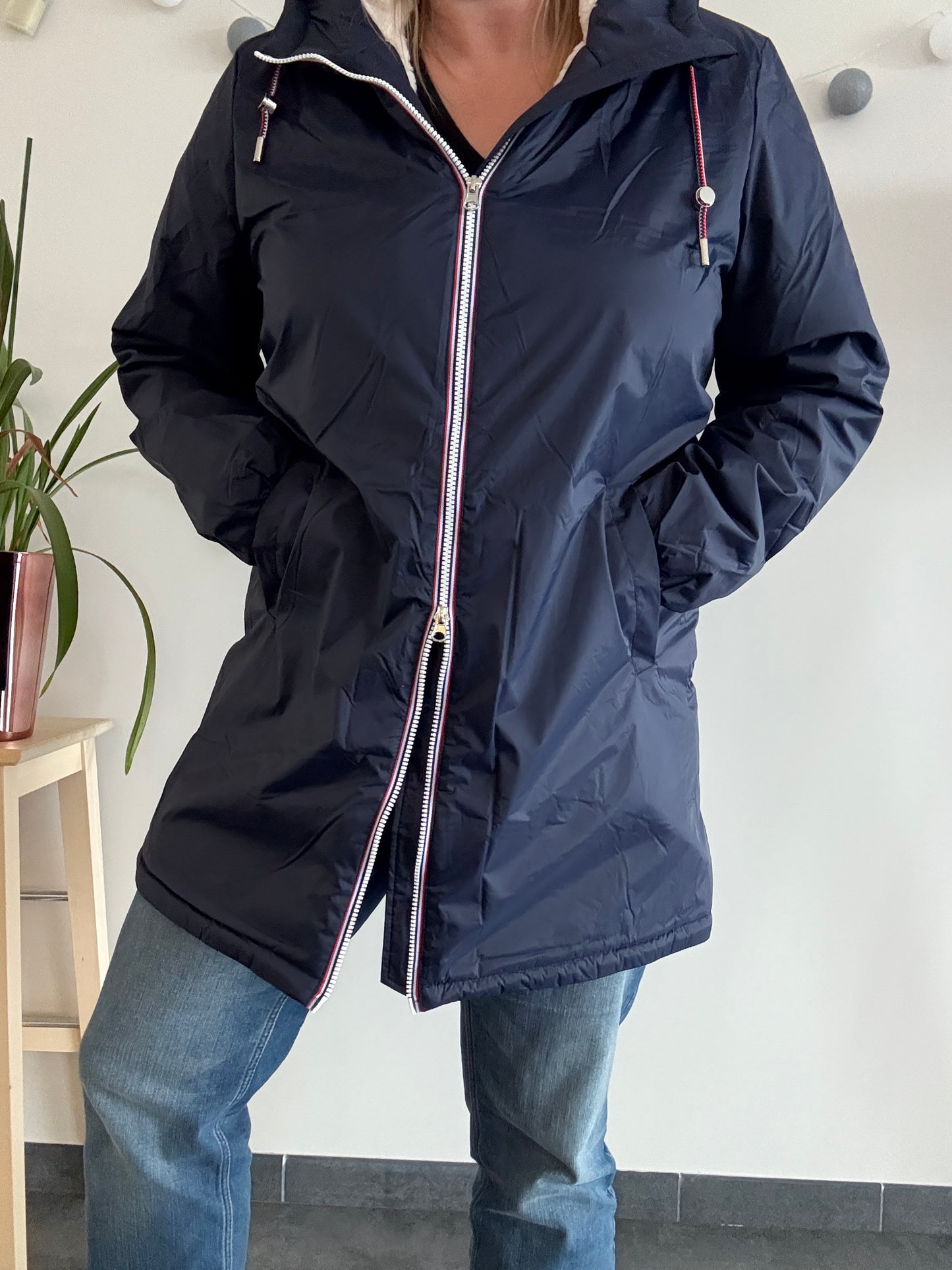 Laura Jo - Imperméable fourré long fausse fourrure bleu marine intérieur sherpa beige